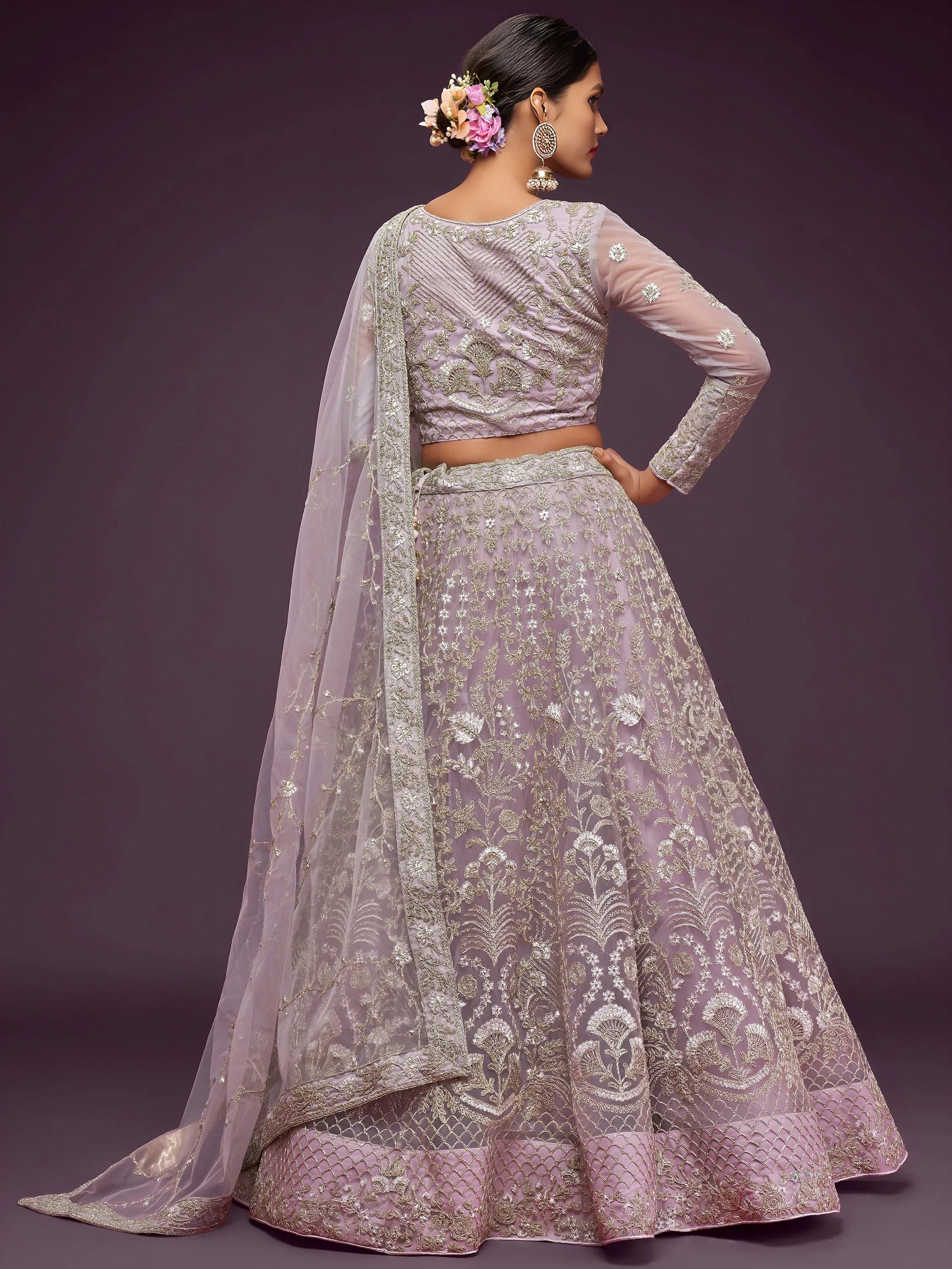 Glowing Lilac Embroidered Net Reception Wear Plus Size Lehenga Choli