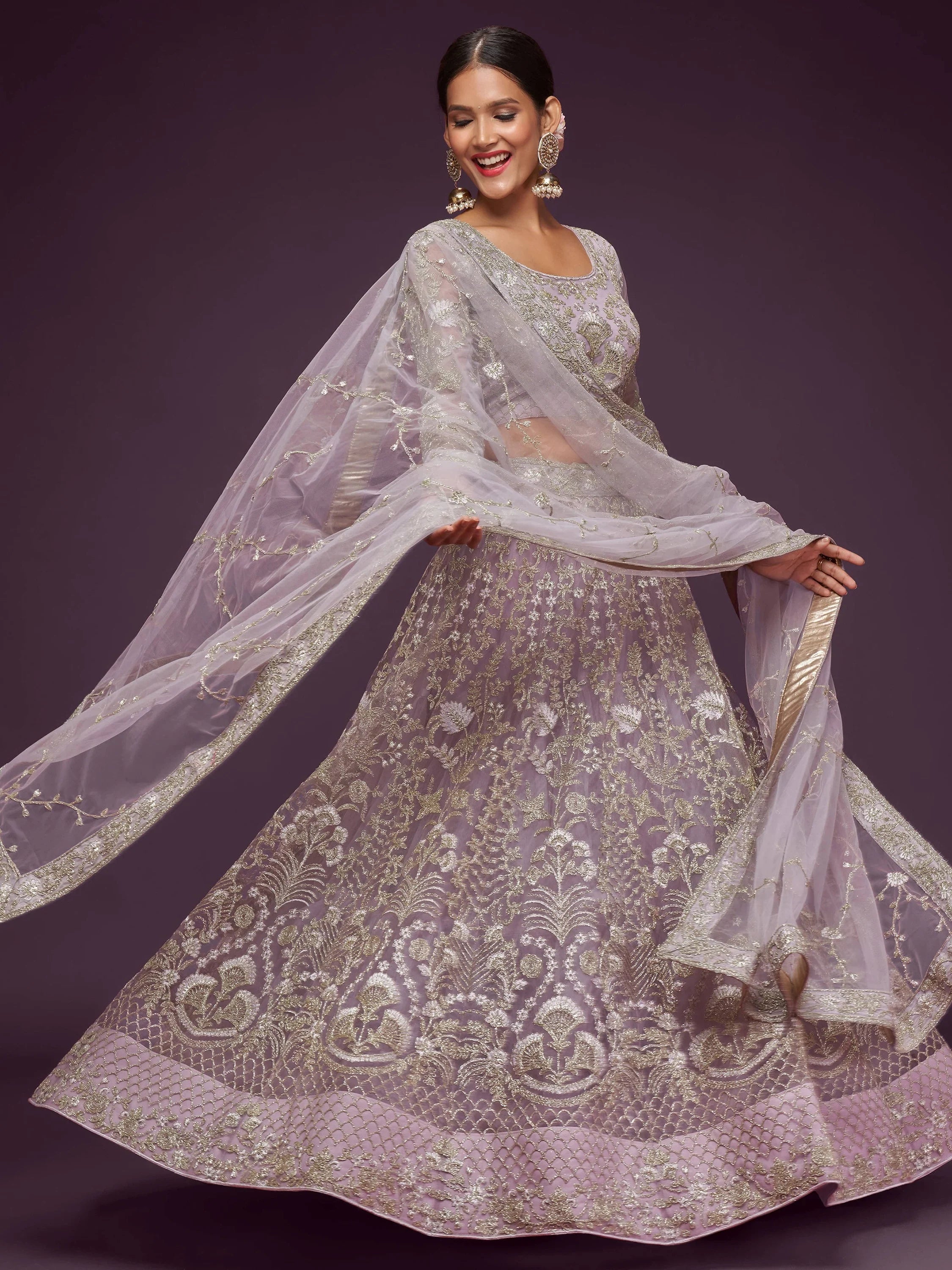Glowing Lilac Embroidered Net Reception Wear Plus Size Lehenga Choli