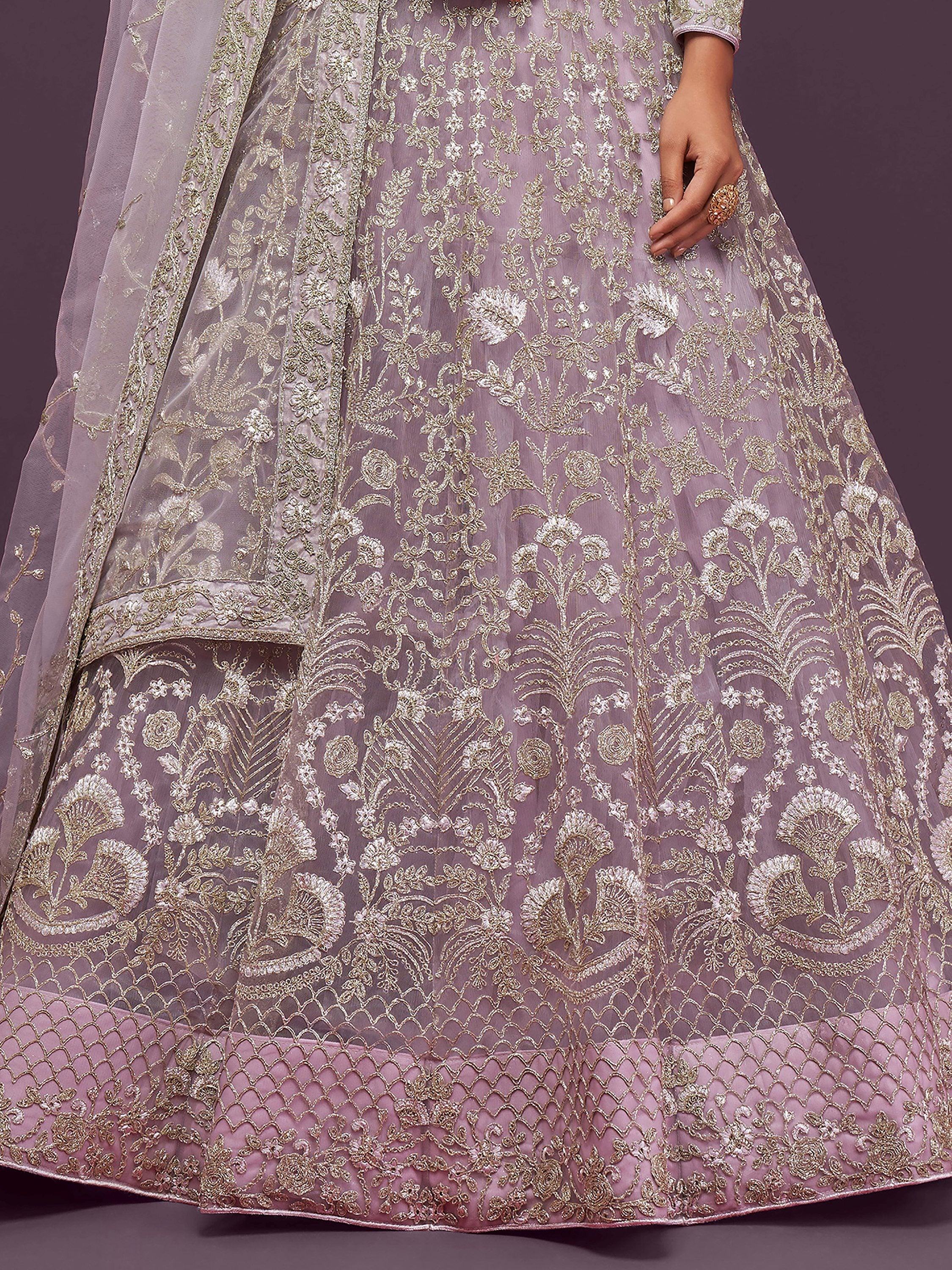 Glowing Lilac Embroidered Net Reception Wear Plus Size Lehenga Choli