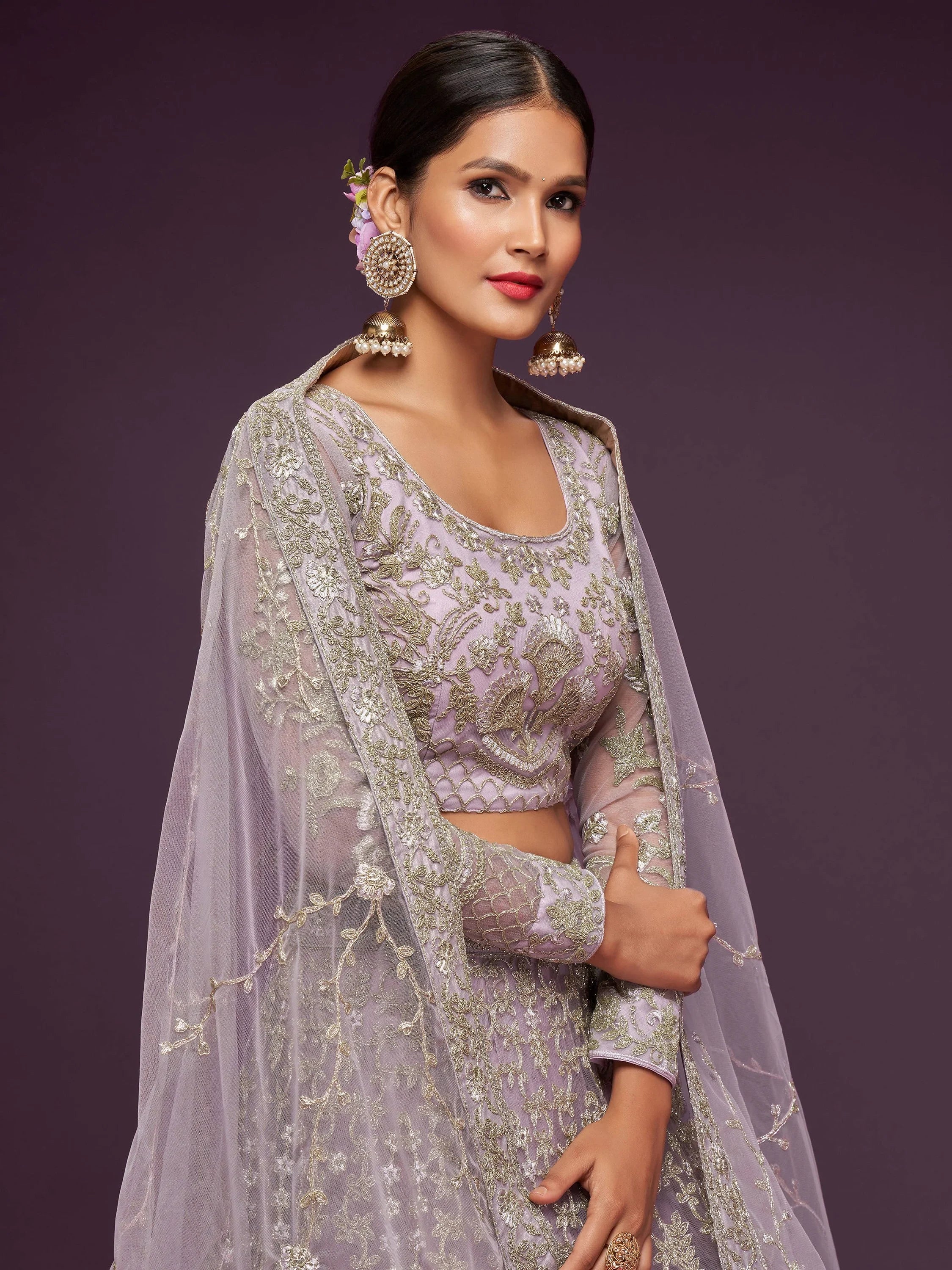 Glowing Lilac Embroidered Net Reception Wear Plus Size Lehenga Choli