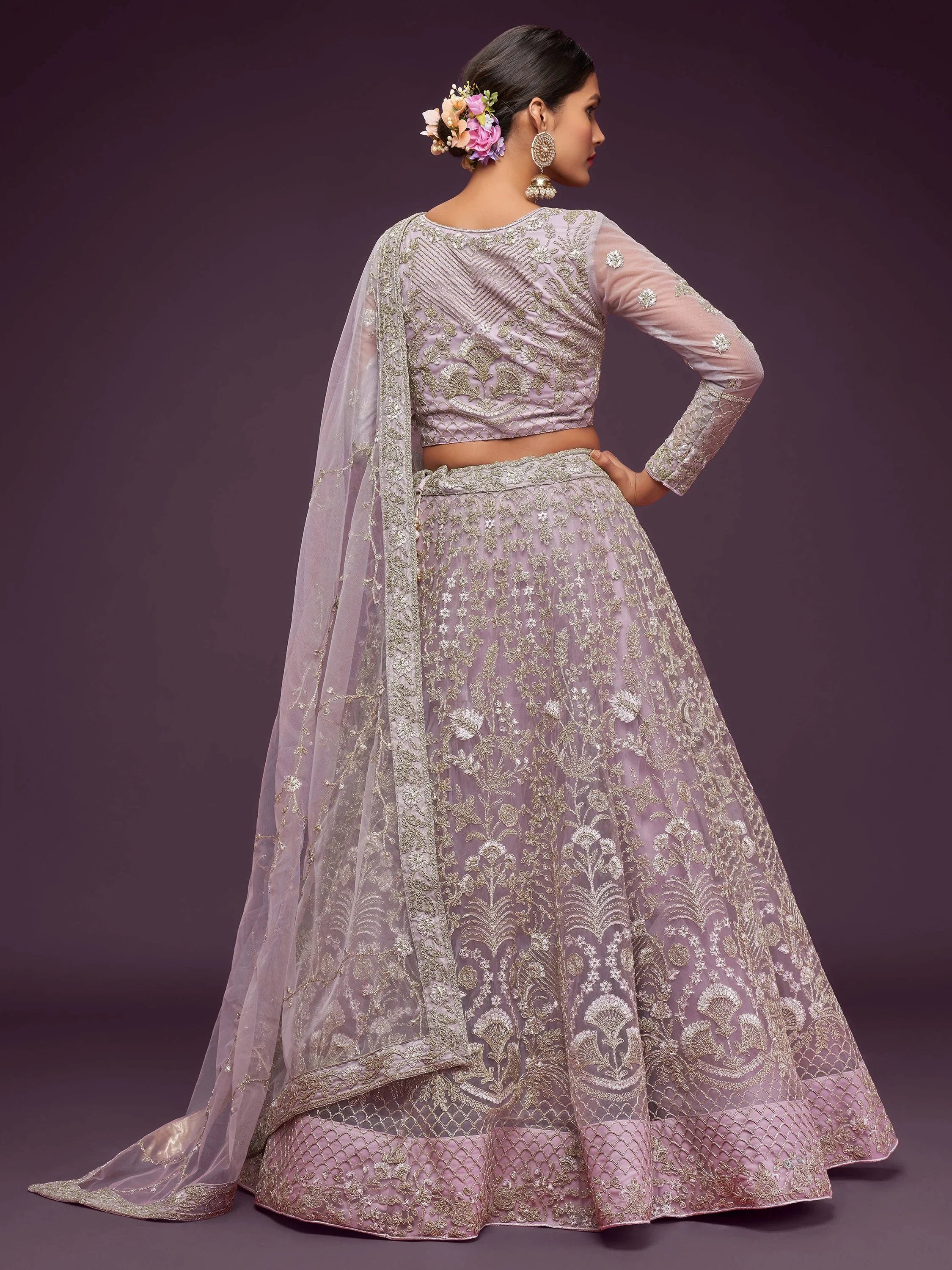 Glowing Lilac Embroidered Net Reception Wear Plus Size Lehenga Choli