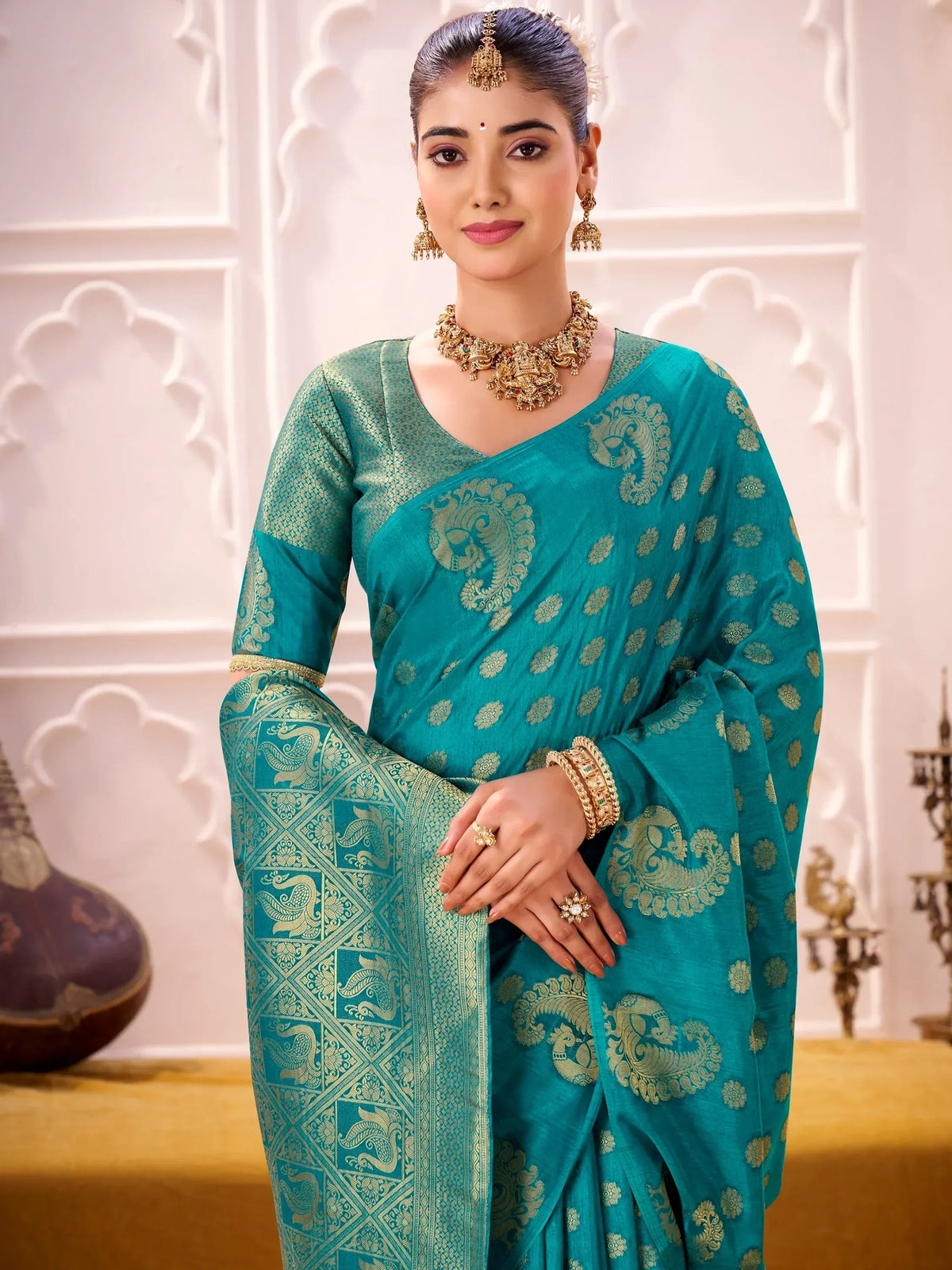 Sumptuous Teal Green Zari Weaving Silk Wedding Wear Saree With Blouse