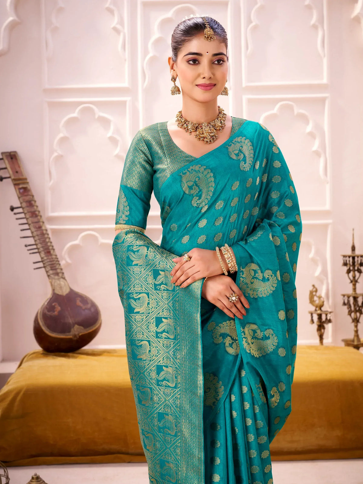 Sumptuous Teal Green Zari Weaving Silk Wedding Wear Saree With Blouse
