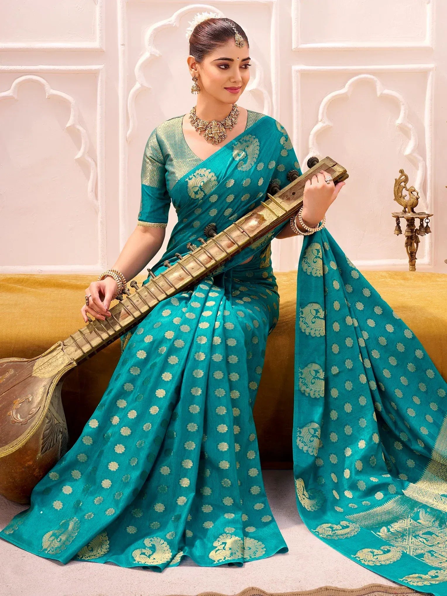 Sumptuous Teal Green Zari Weaving Silk Wedding Wear Saree With Blouse
