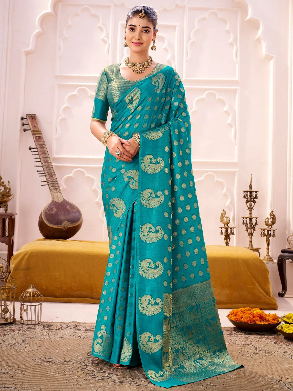 Sumptuous Teal Green Zari Weaving Silk Wedding Wear Saree With Blouse