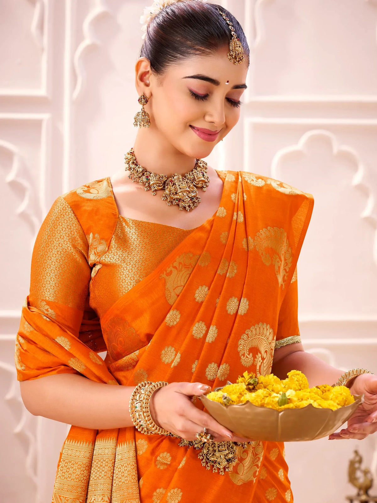 Regal Orange Zari Work Silk Festive Wear Saree With Blouse