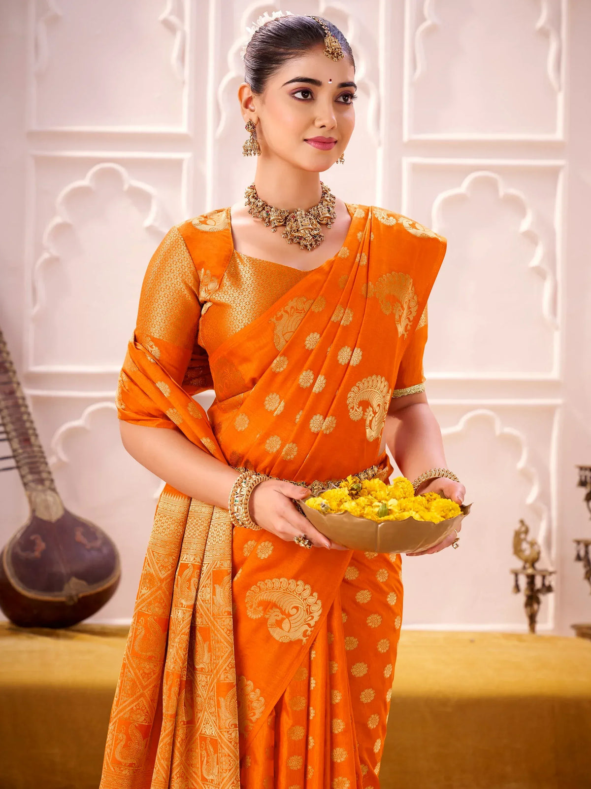 Regal Orange Zari Work Silk Festive Wear Saree With Blouse