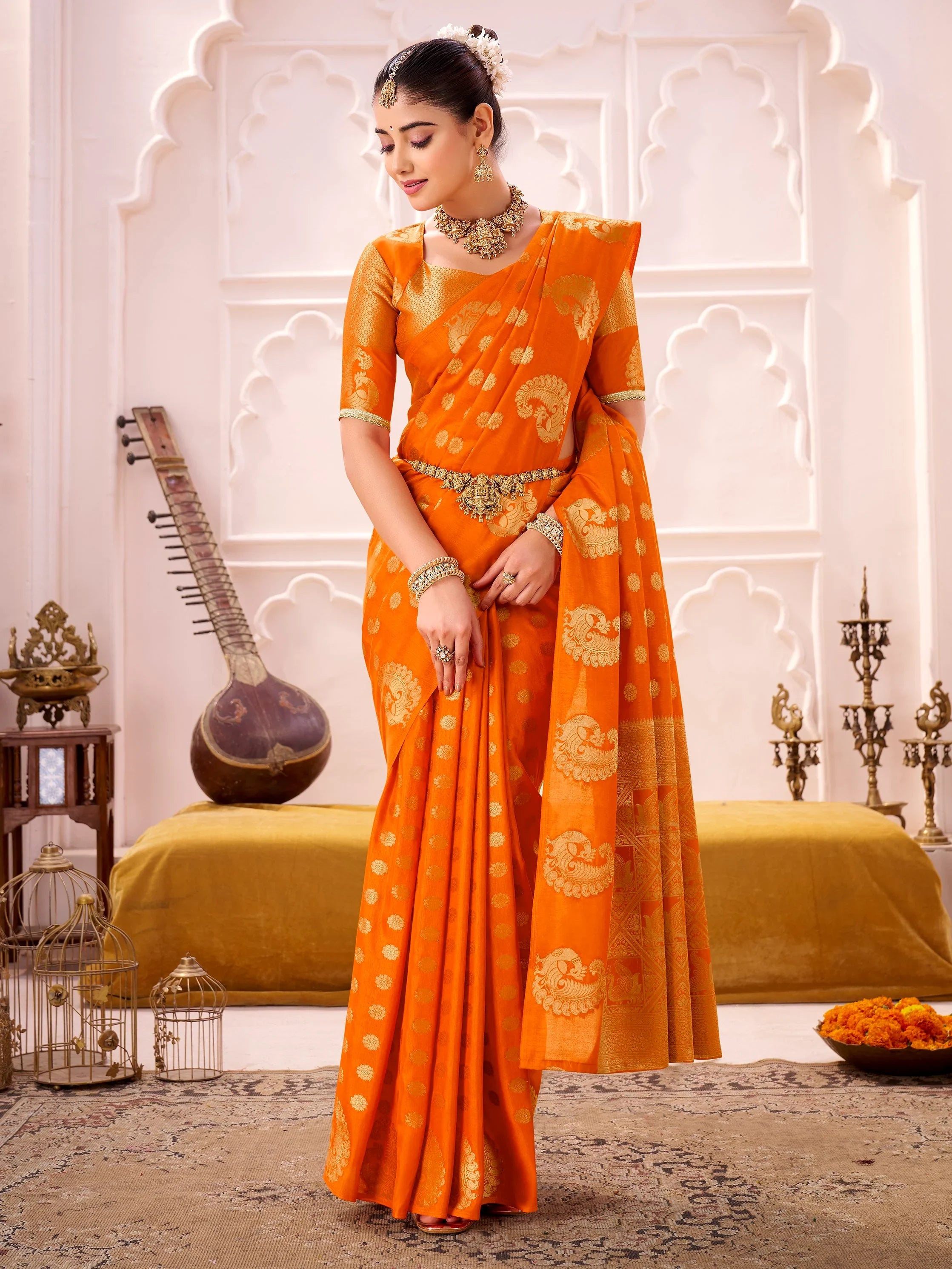 Regal Orange Zari Work Silk Festive Wear Saree With Blouse