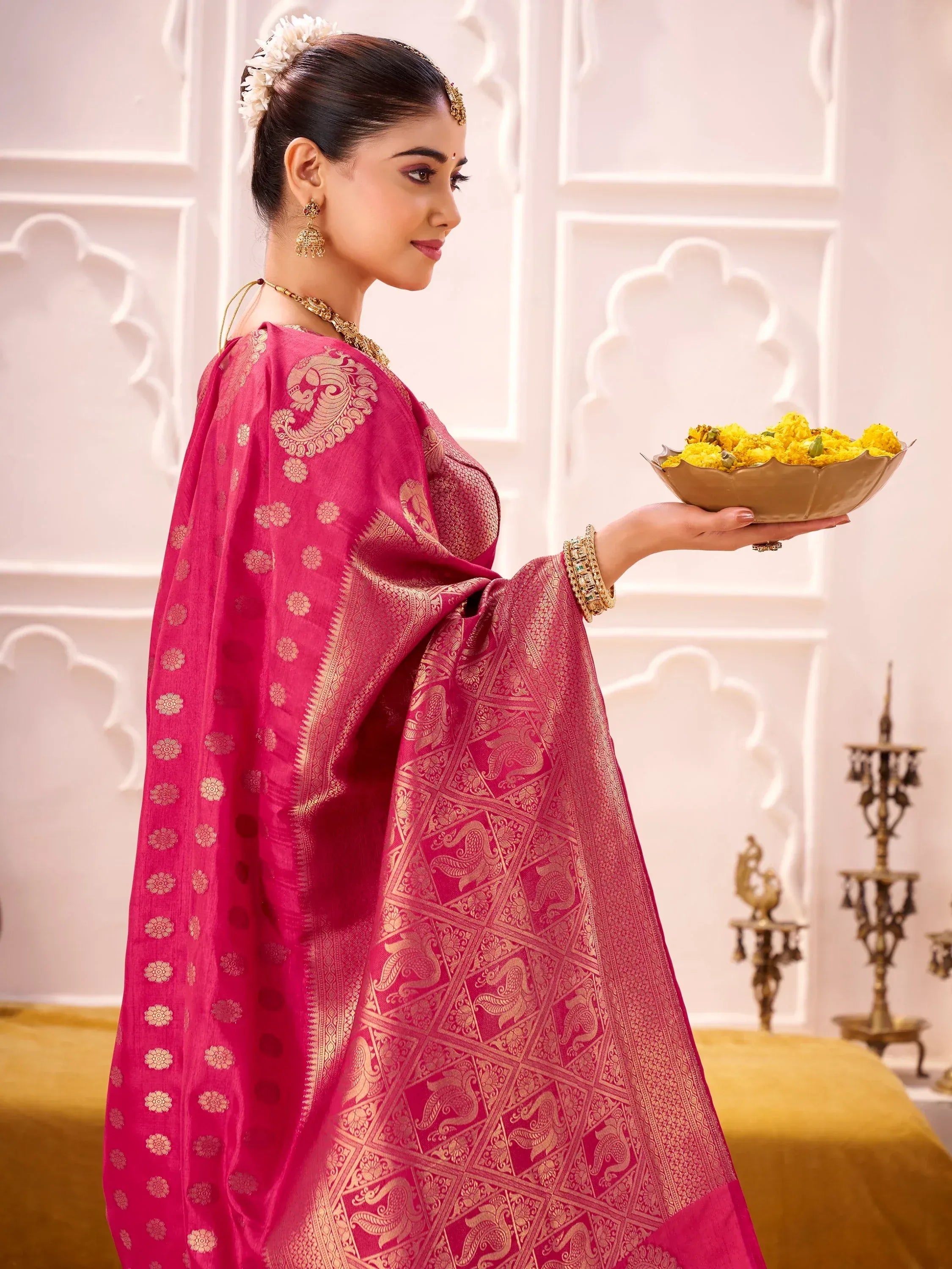 Impressive Pink Zari Weaving Silk Engagement Wear Saree With Blouse