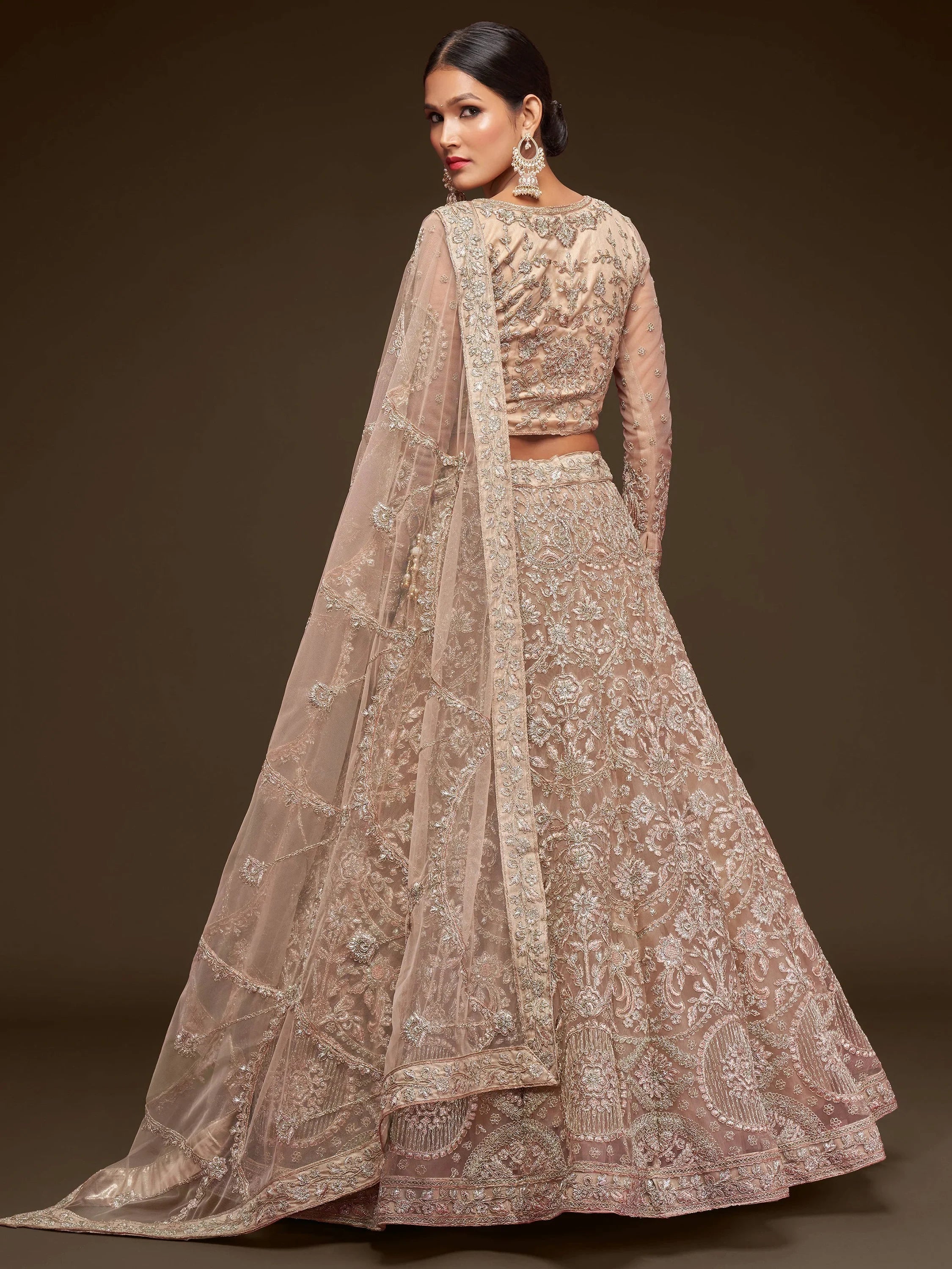 Sparkling Beige Embroidered Net Engagament Wear Plus Size Lehenga Choli