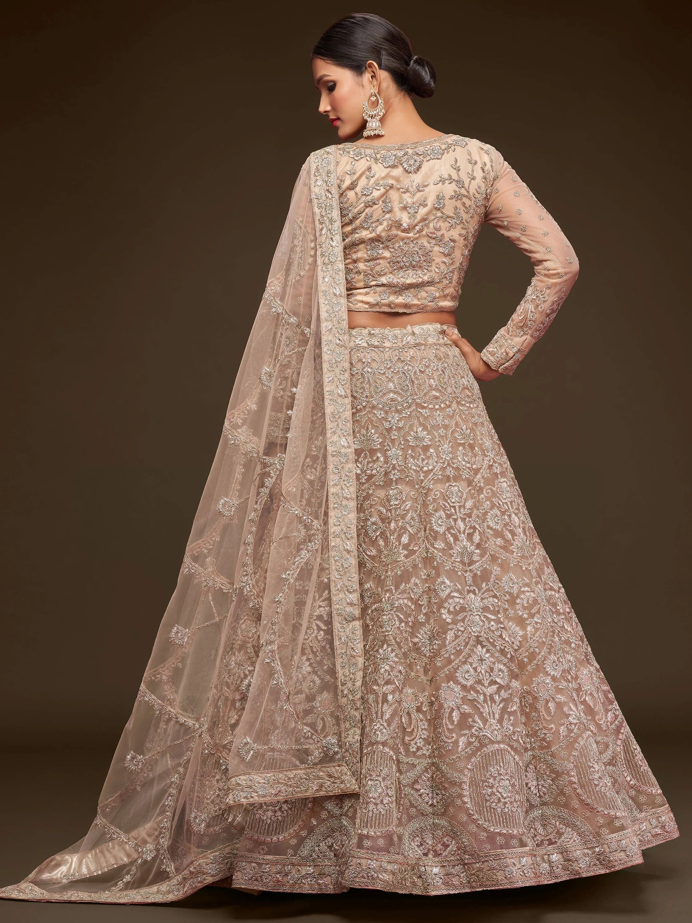 Sparkling Beige Embroidered Net Engagament Wear Plus Size Lehenga Choli