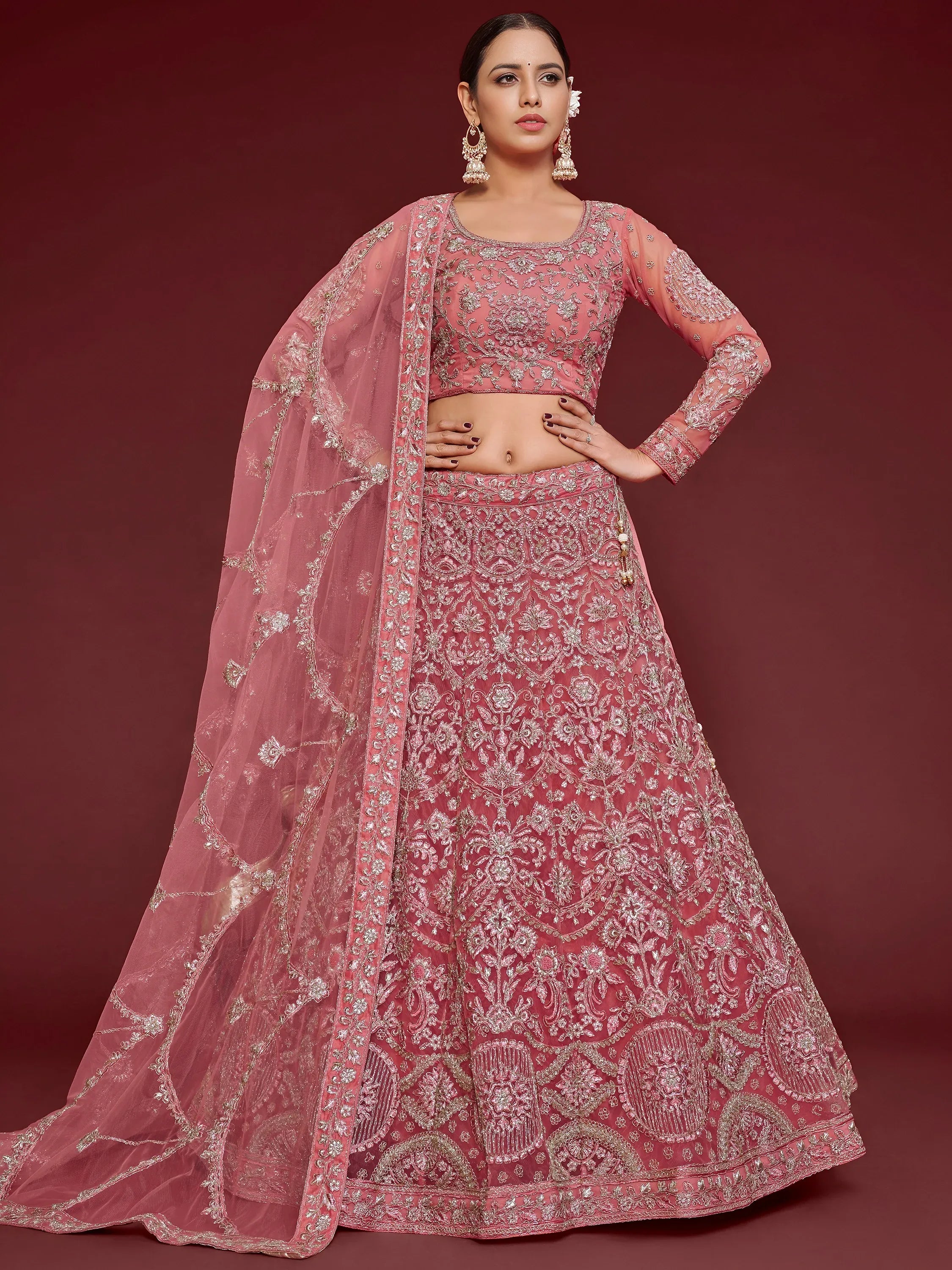 Captivating Pink Embroidered Soft Net Event Wear Lehenga Choli