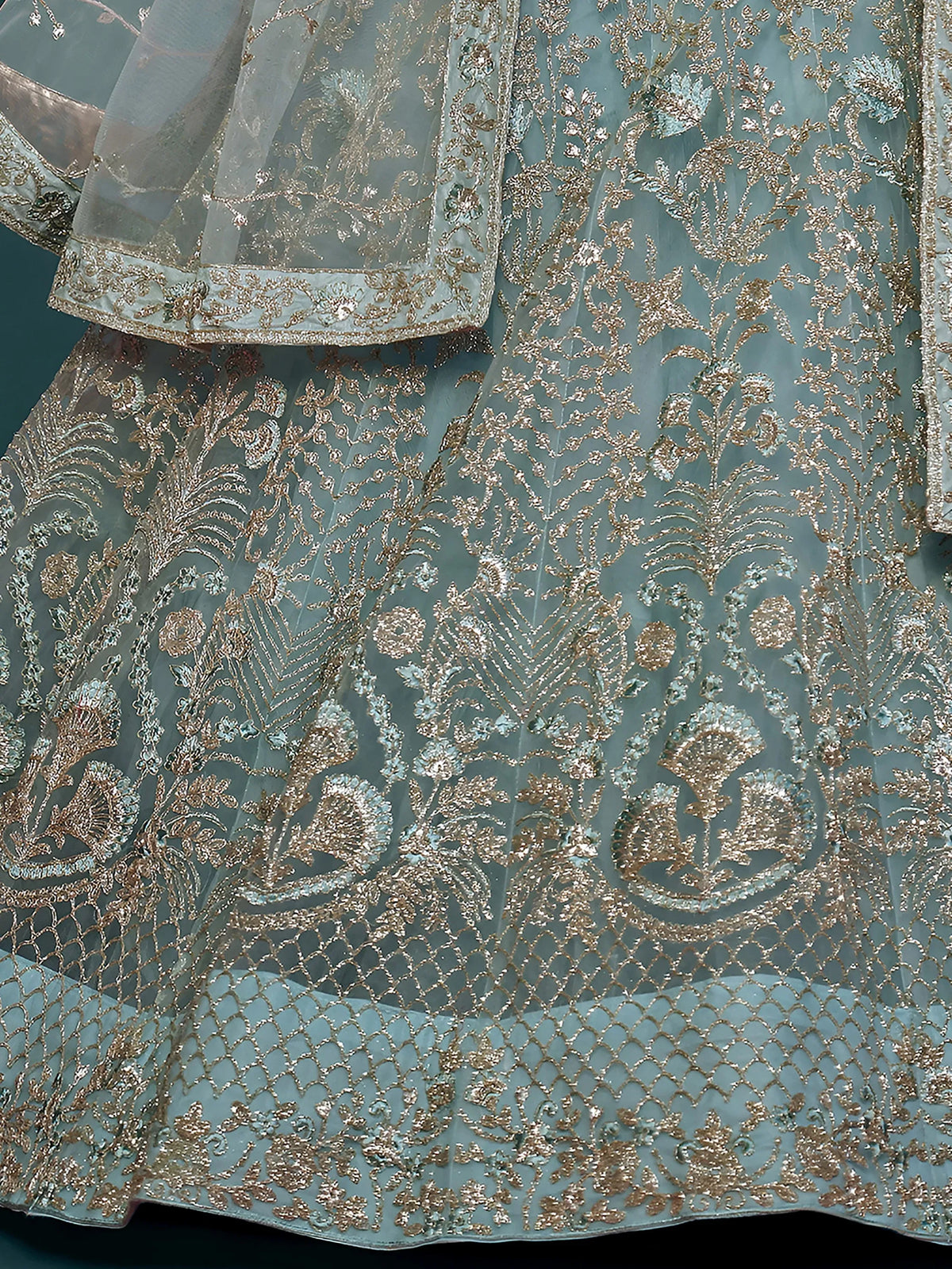 Exquisite Sky-Blue Dori Work Soft Net Ceremony Wear Lehenga Choli