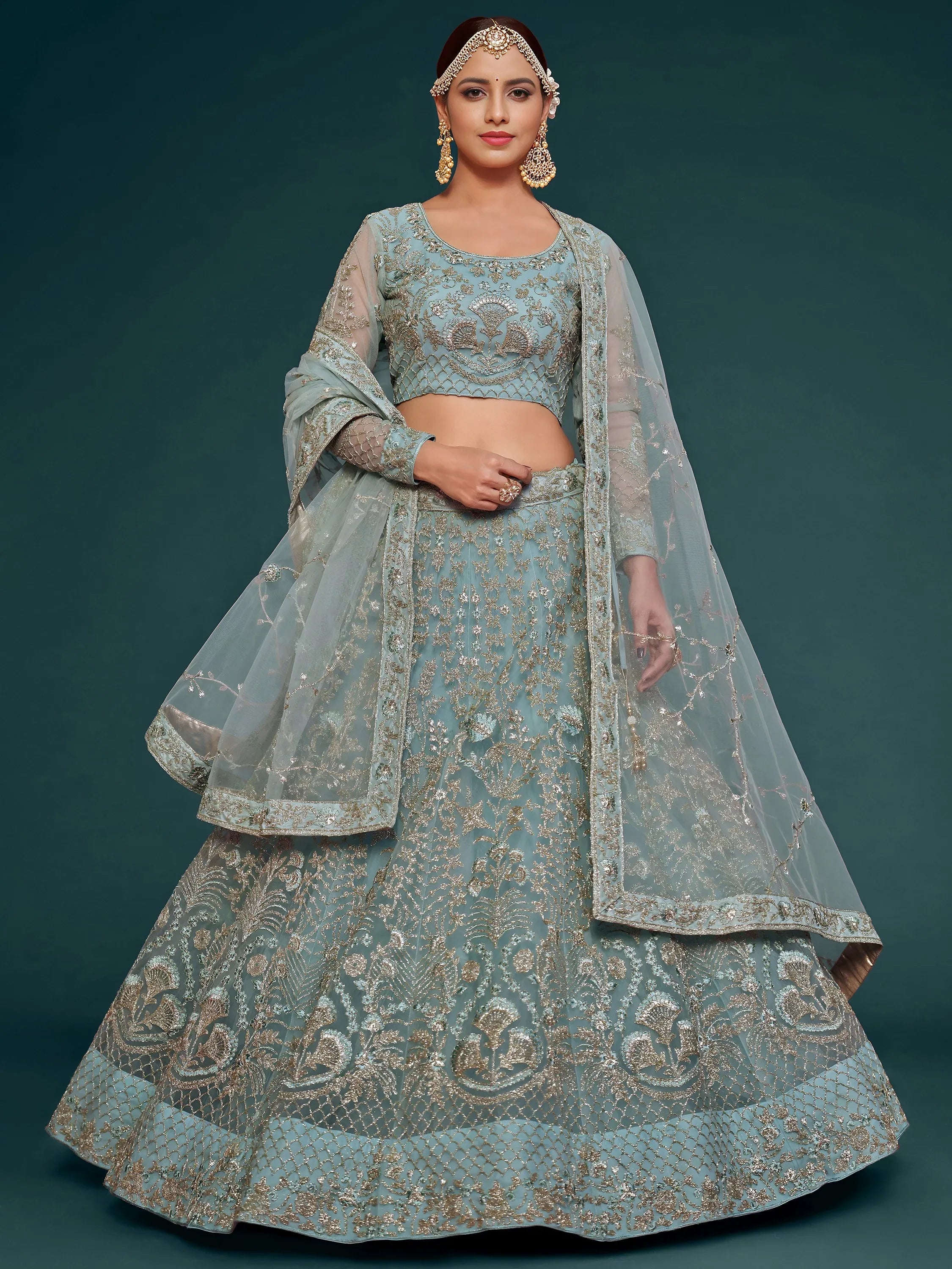 Fabulous Sky Blue Embroidered Net Wedding Wear Plus Size Lehenga Choli