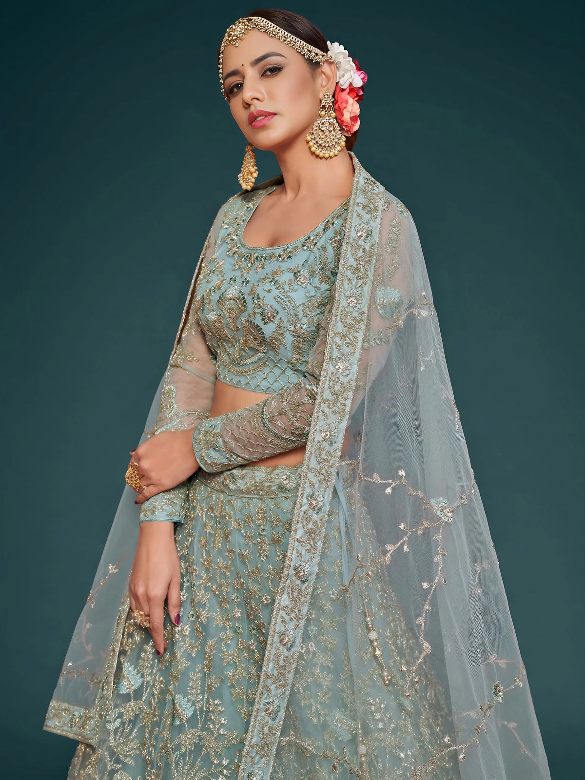 Exquisite Sky-Blue Dori Work Soft Net Ceremony Wear Lehenga Choli