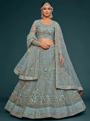 Exquisite Sky-Blue Dori Work Soft Net Ceremony Wear Lehenga Choli