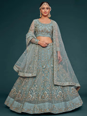Exquisite Sky-Blue Dori Work Soft Net Ceremony Wear Lehenga Choli