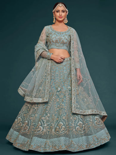 Exquisite Sky-Blue Dori Work Soft Net Ceremony Wear Lehenga Choli