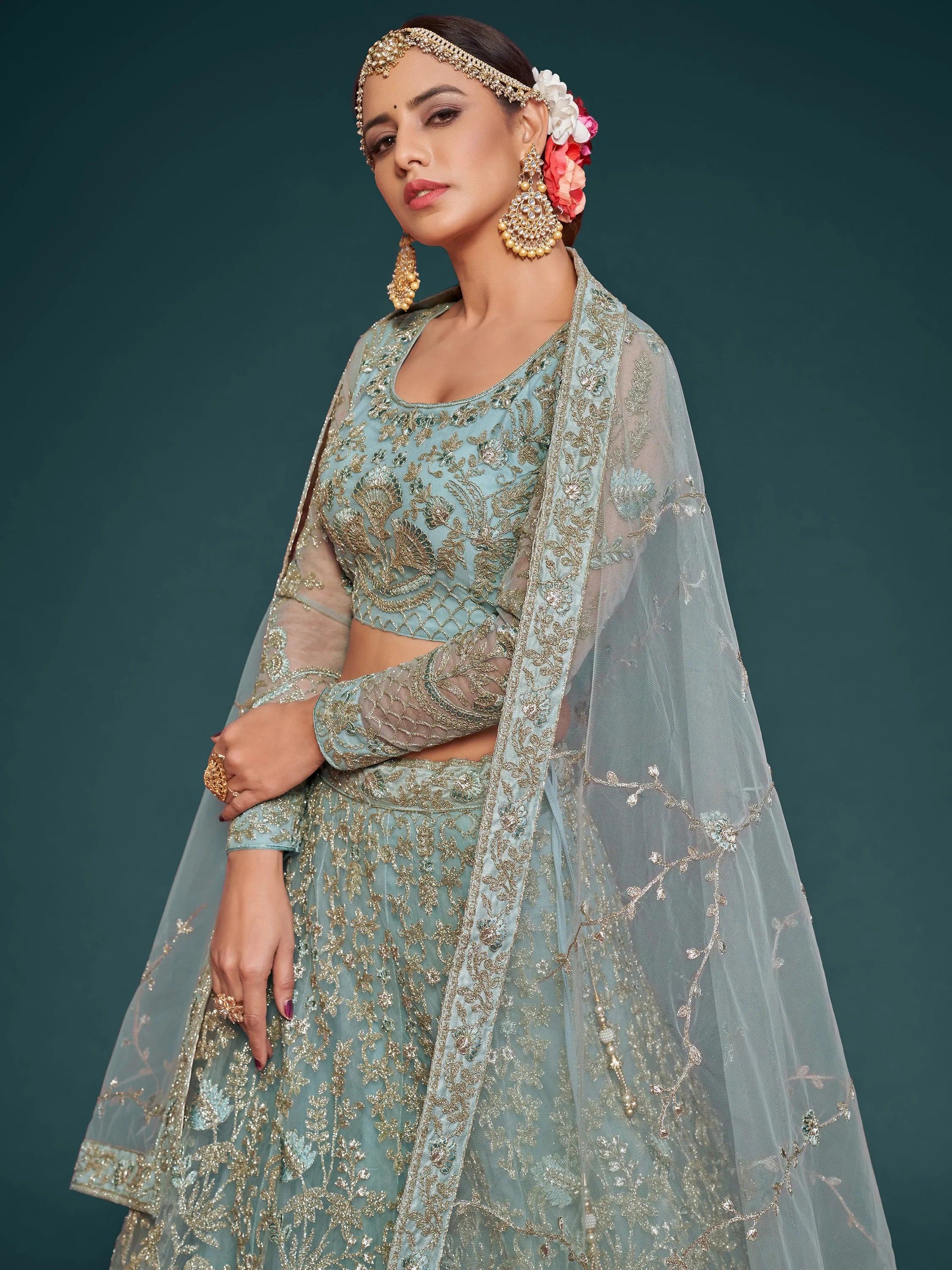 Exquisite Sky-Blue Dori Work Soft Net Ceremony Wear Lehenga Choli