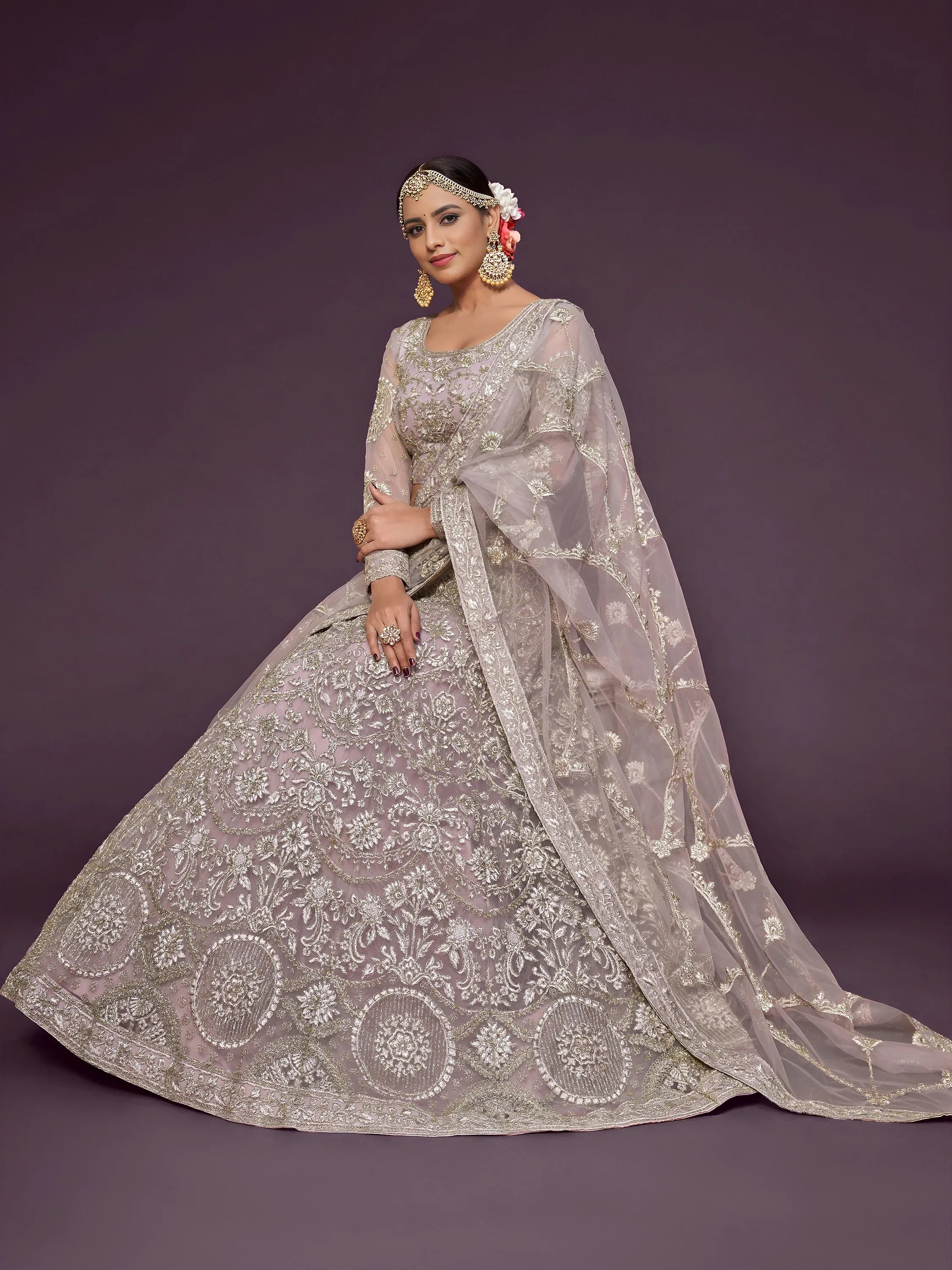 Adorable Lavender Embroidered Net Function Wear Plus Size Lehenga Choli