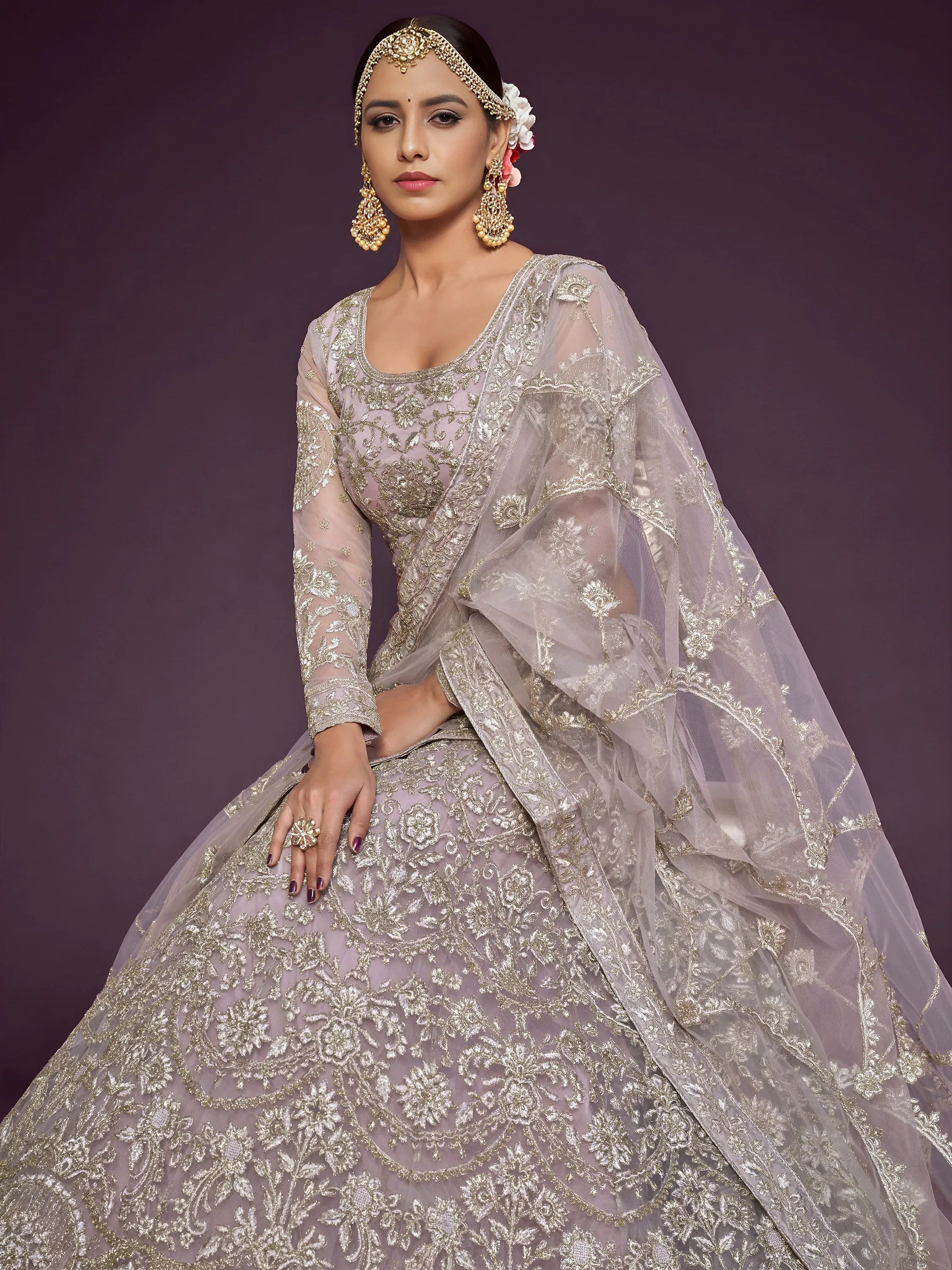 Adorable Lavender Embroidered Net Function Wear Plus Size Lehenga Choli