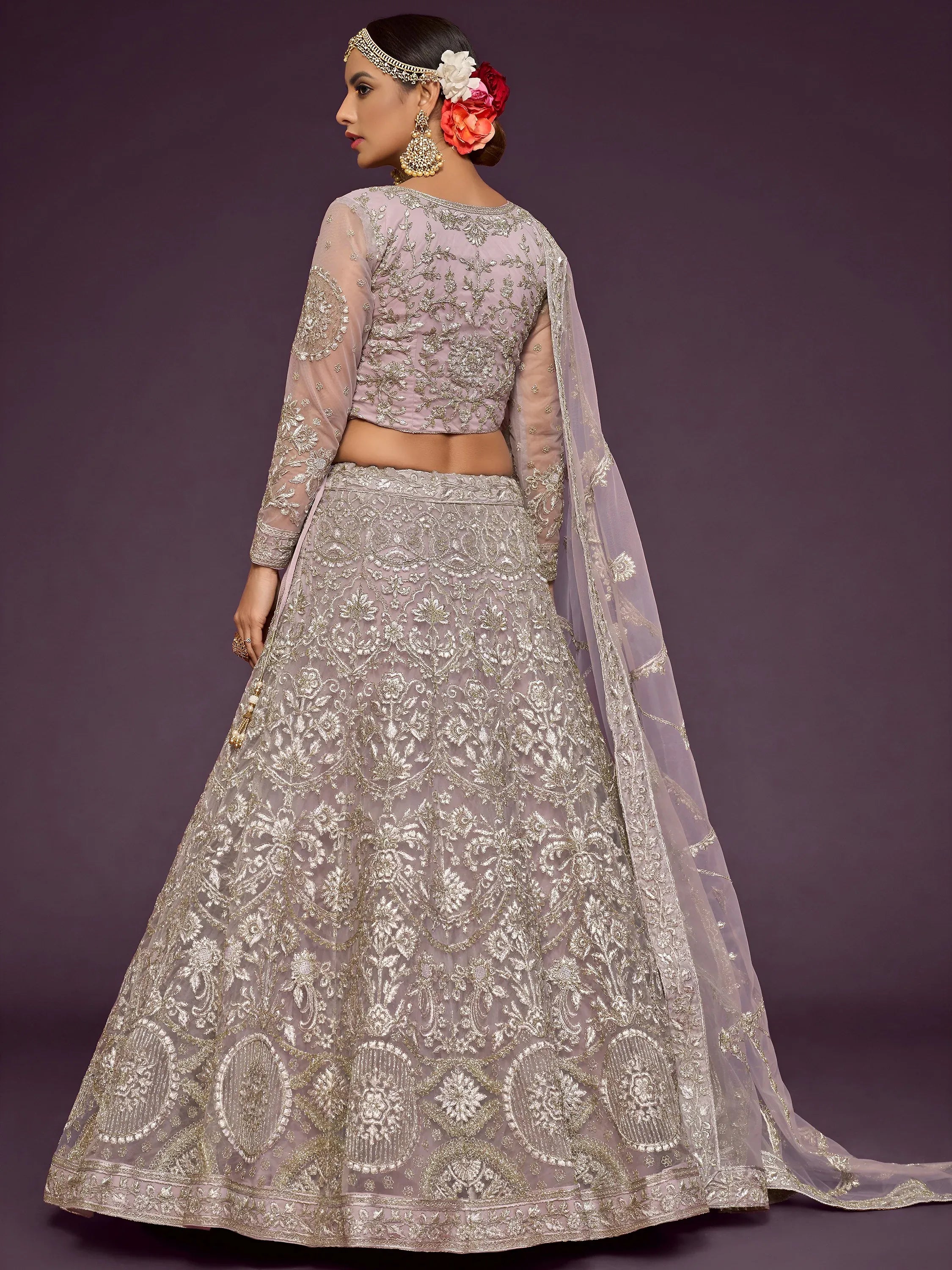 Adorable Lavender Embroidered Net Function Wear Plus Size Lehenga Choli