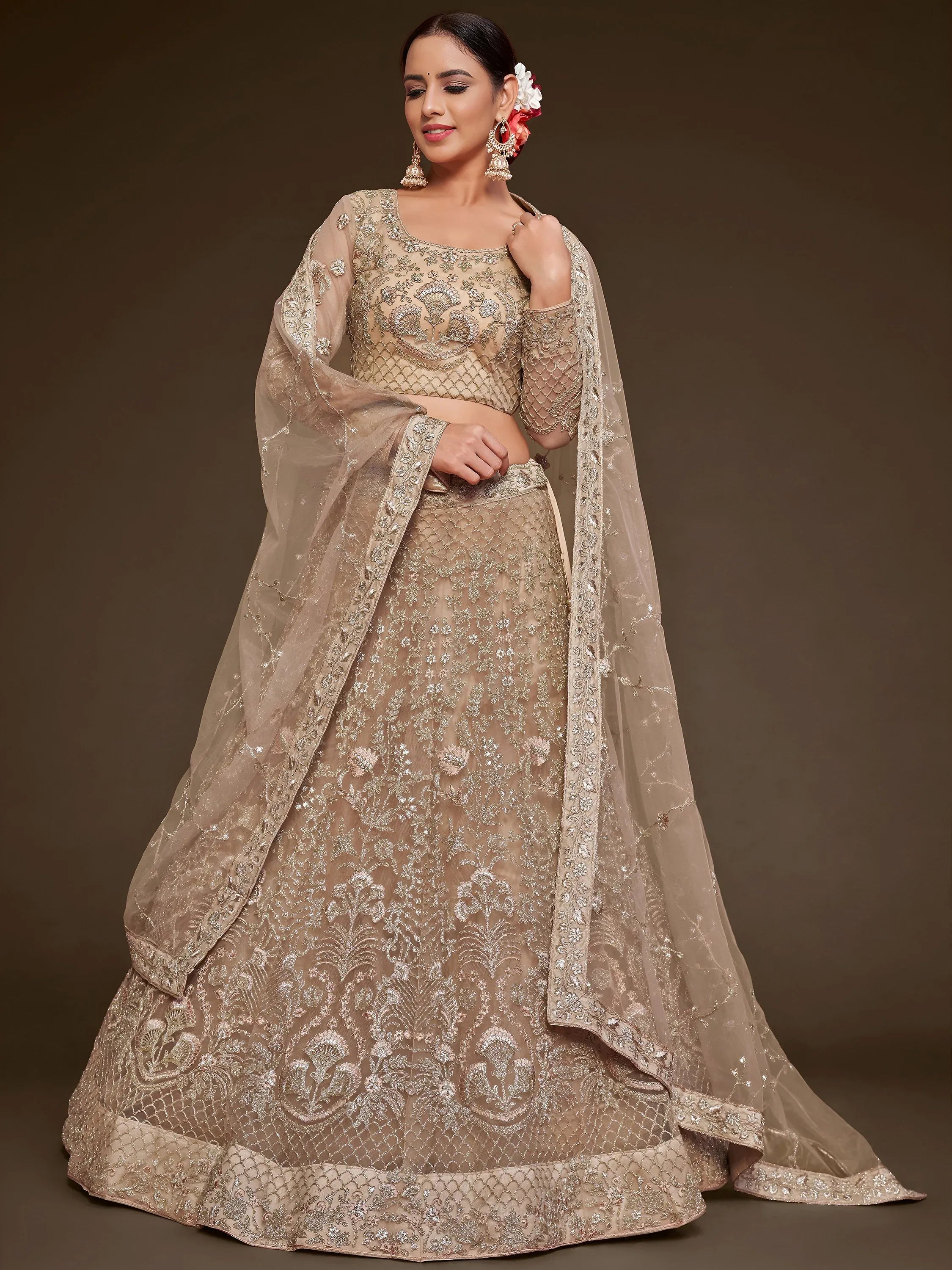 Gorgeous Beige Embroidered Soft Net Occasion Wear Lehenga Choli