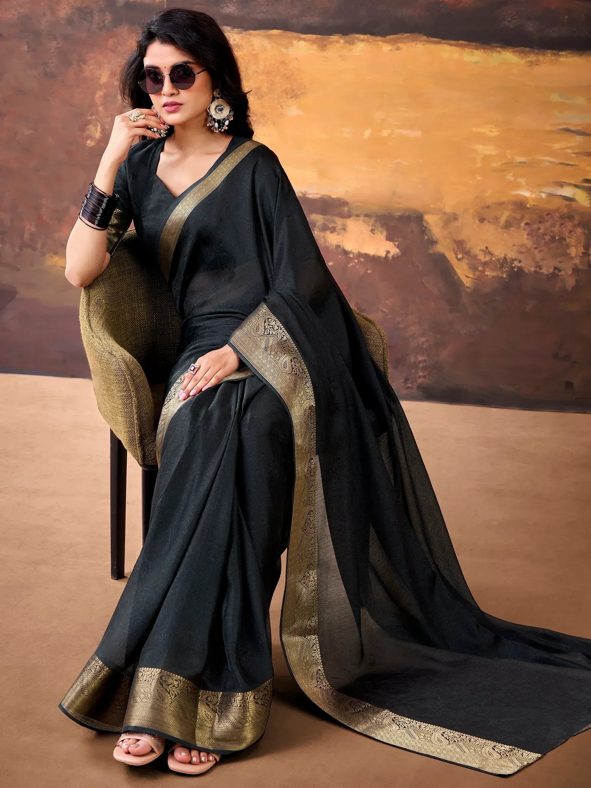 Aesthetic Black Zari Border Georgette Evening Wear Saree With Blouse