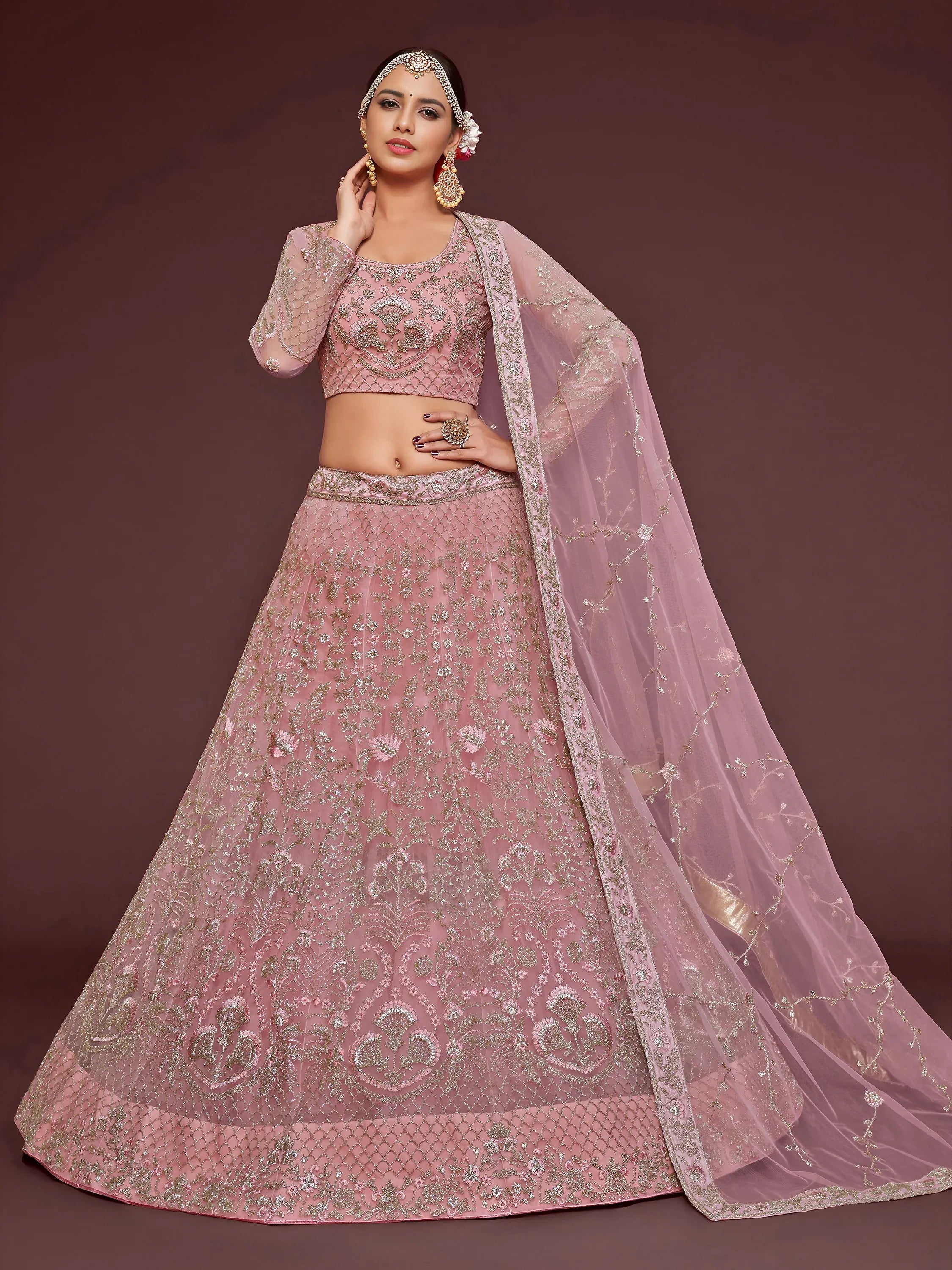 Enchanting Light Pink Embroidered Soft Net Wedding wear Lehenga Choli