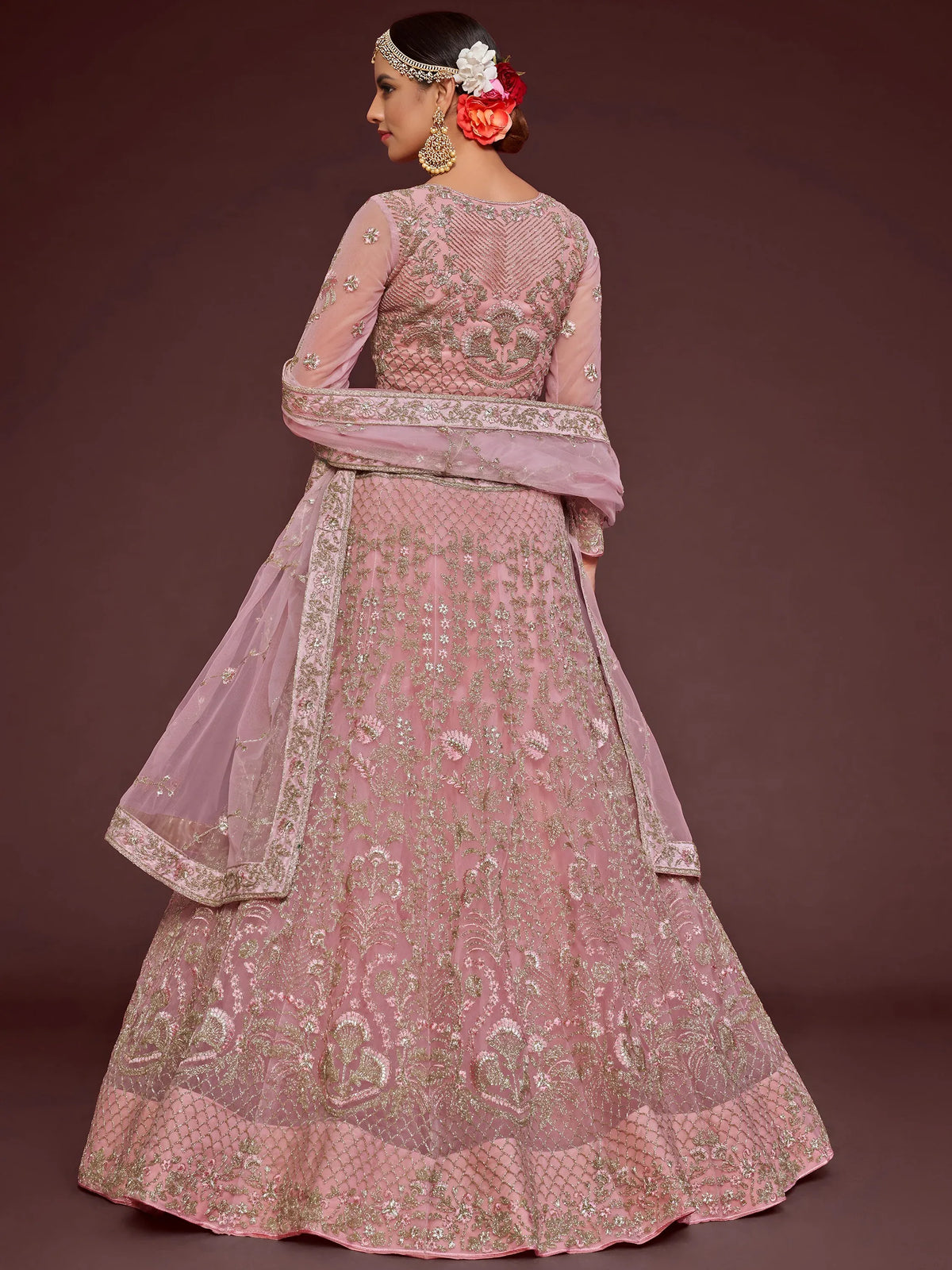Enchanting Light Pink Embroidered Soft Net Wedding wear Lehenga Choli