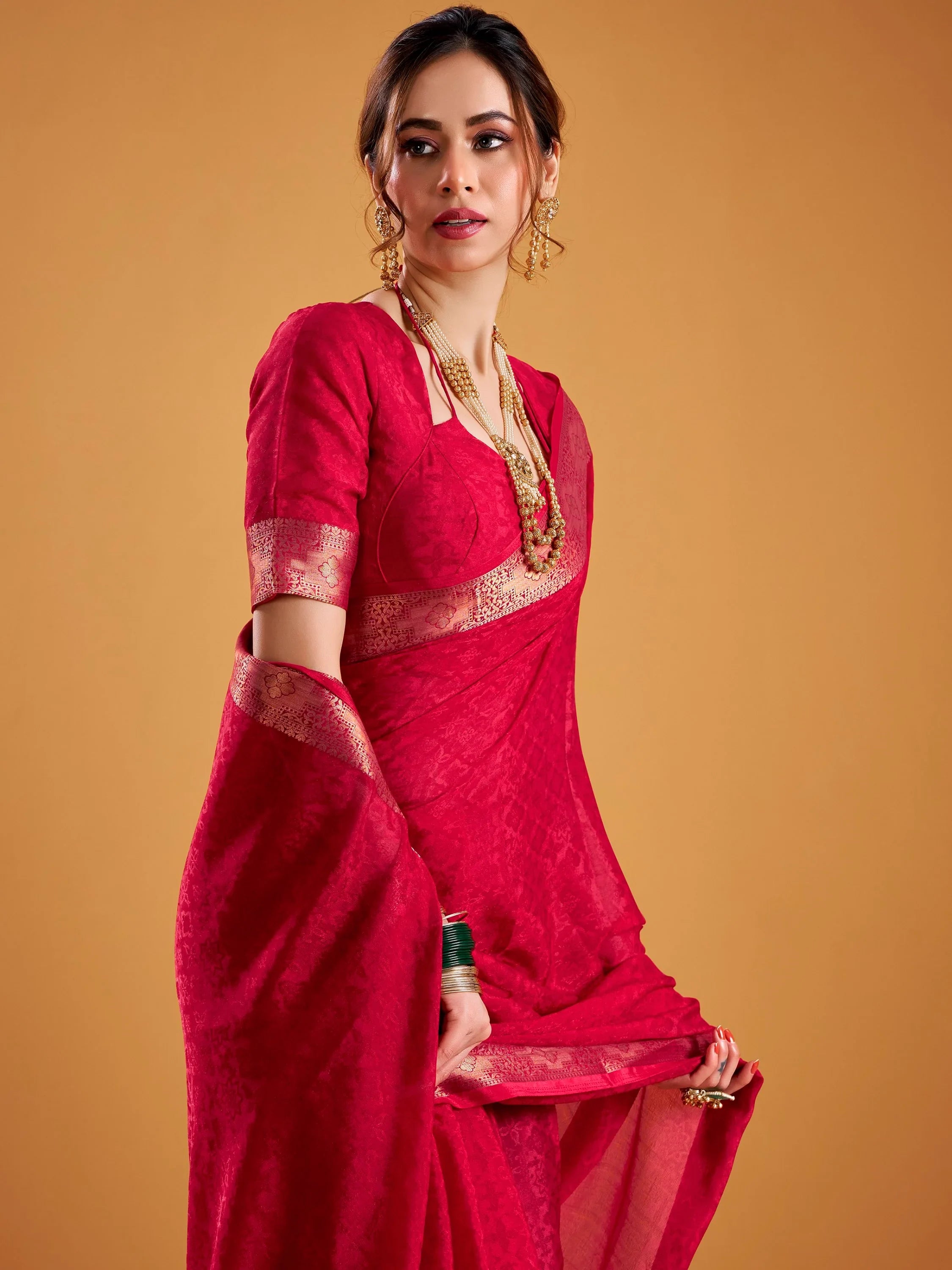 Lovely Red Zari Work Silk Wedding Wear Saree With Blouse