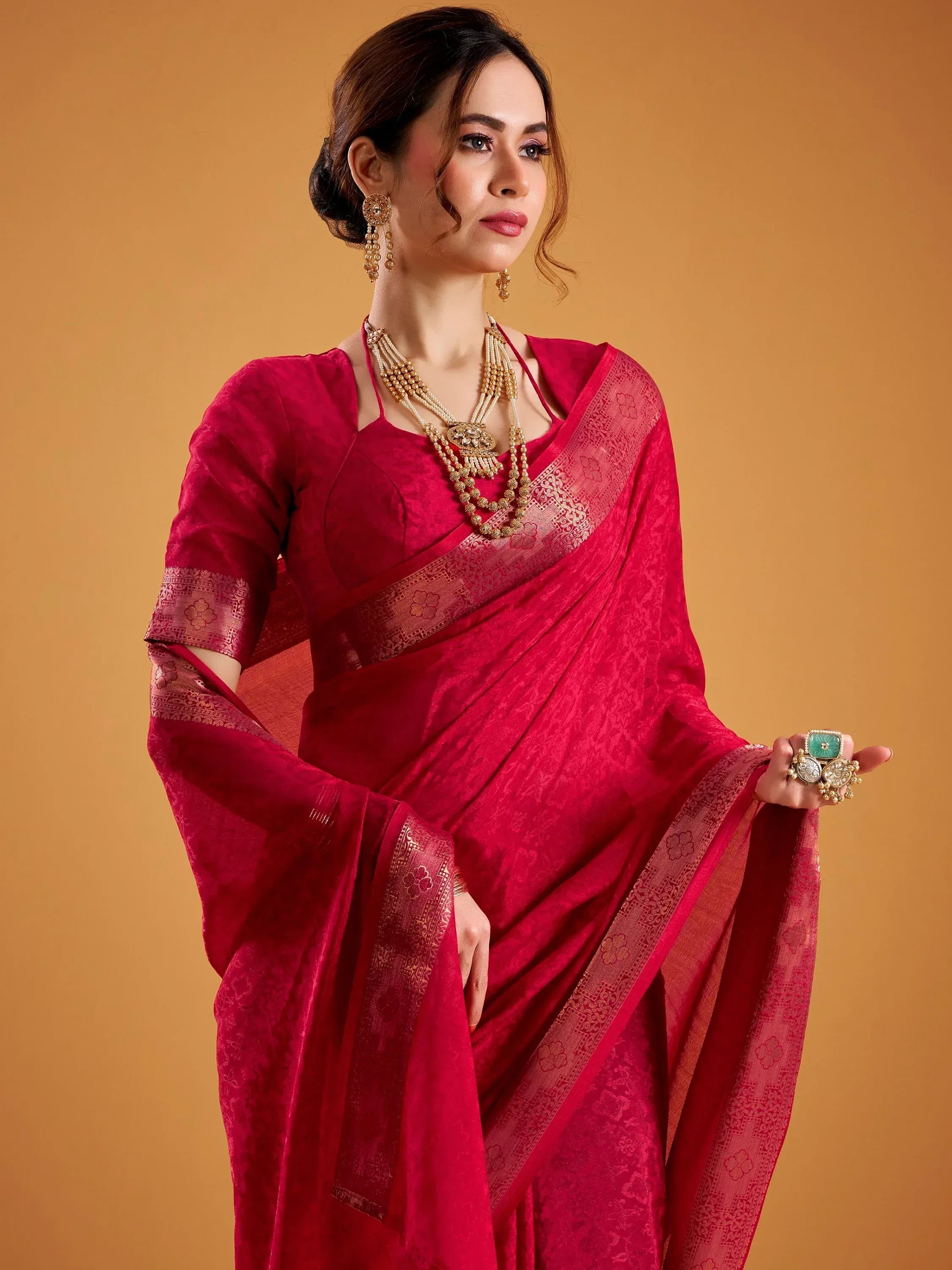 Lovely Red Zari Work Silk Wedding Wear Saree With Blouse