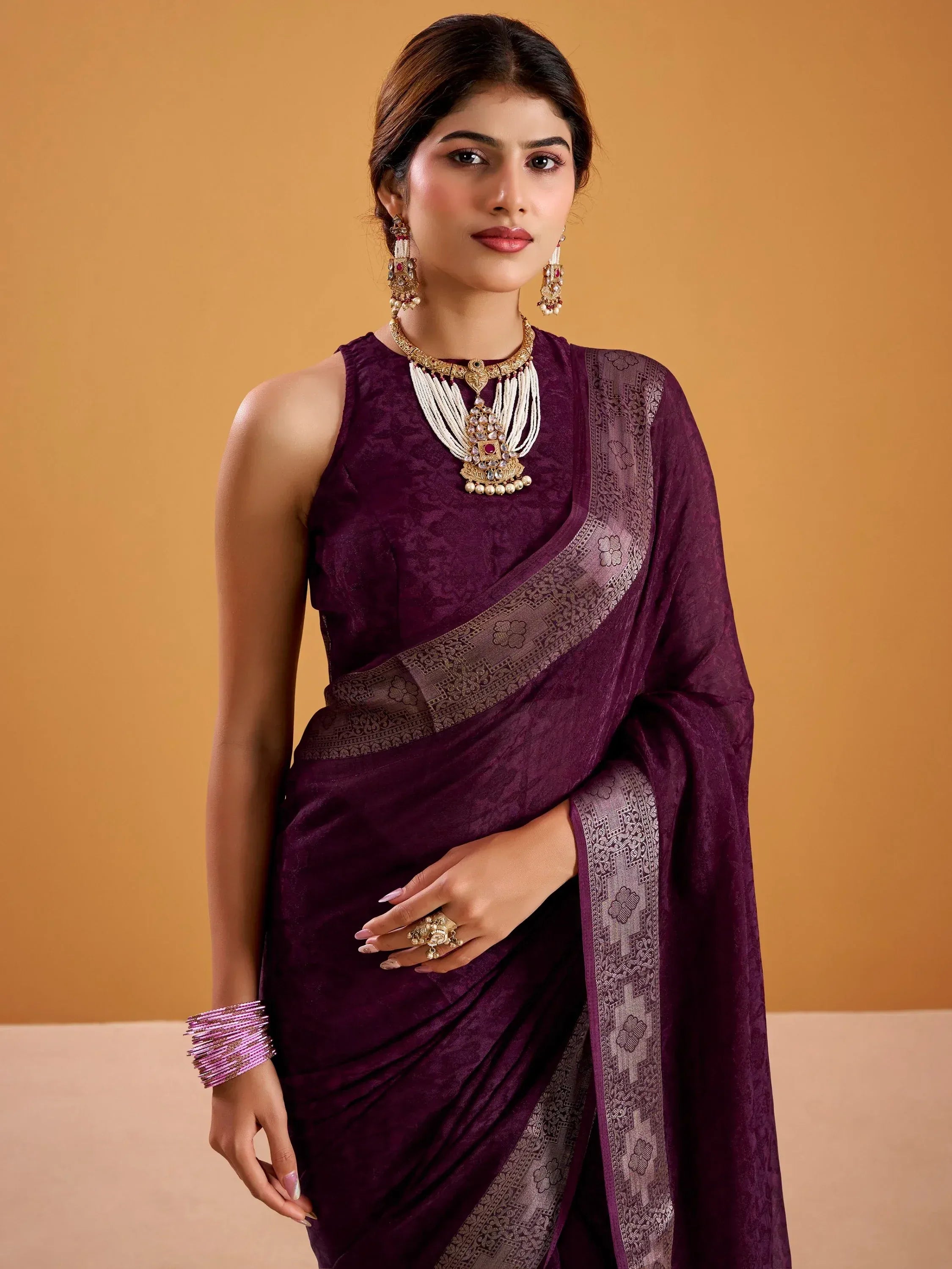 Appealing Wine Zari Work Silk Traditional Saree With Blouse