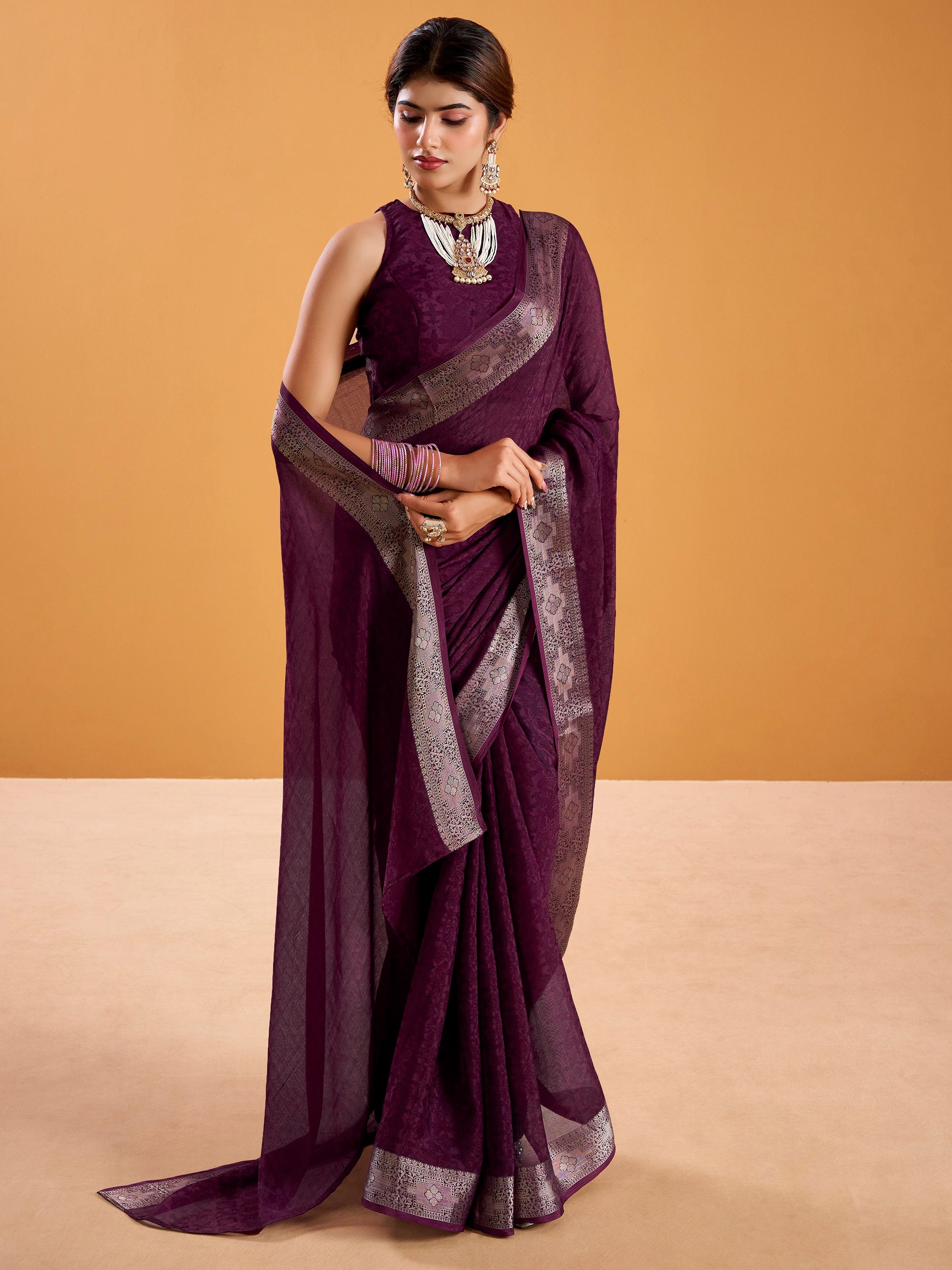 Appealing Wine Zari Work Silk Traditional Saree With Blouse
