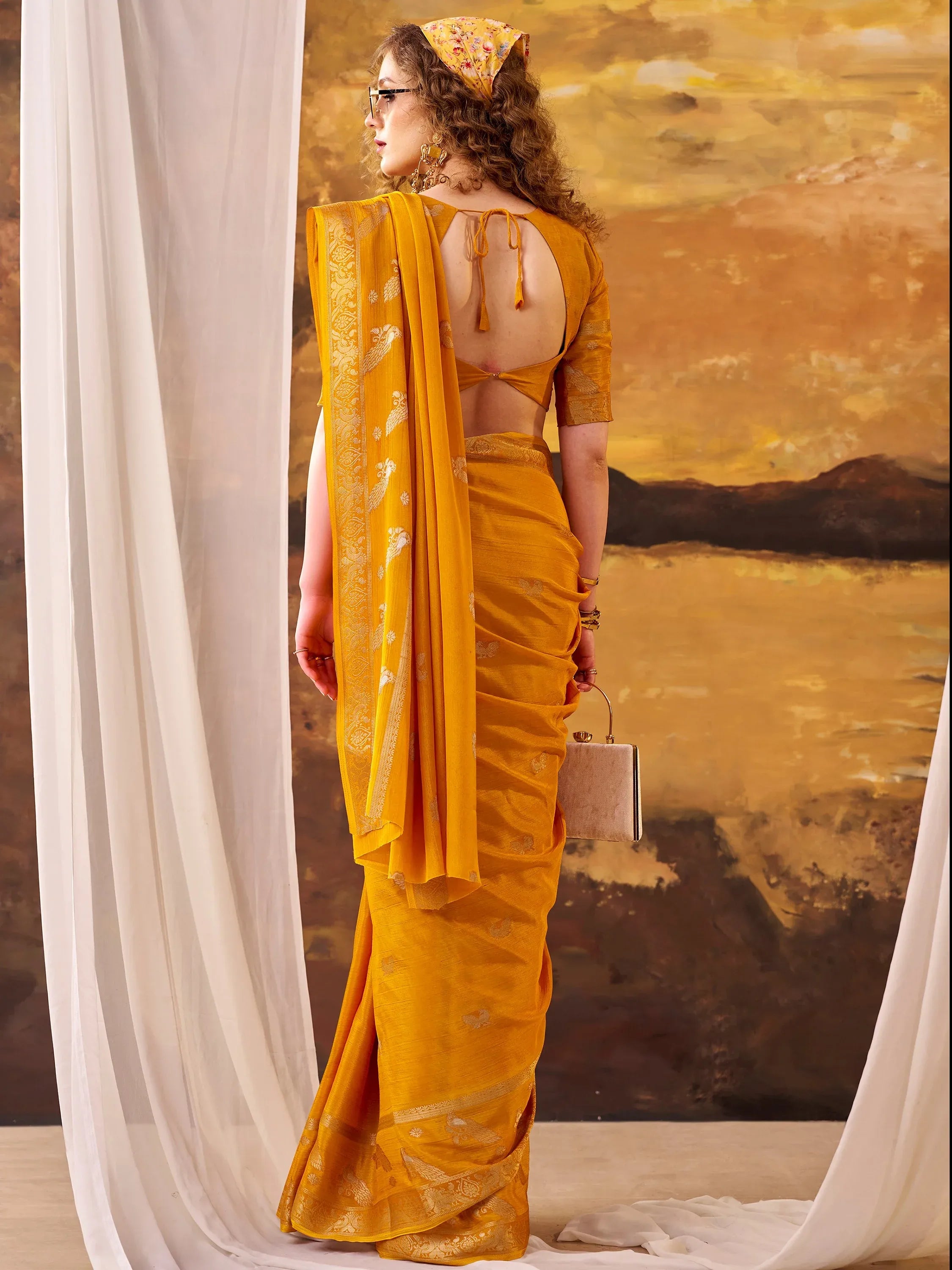 Rich Mustard Yellow Zari Weaving Crepe Haldi Wear Saree With Blouse