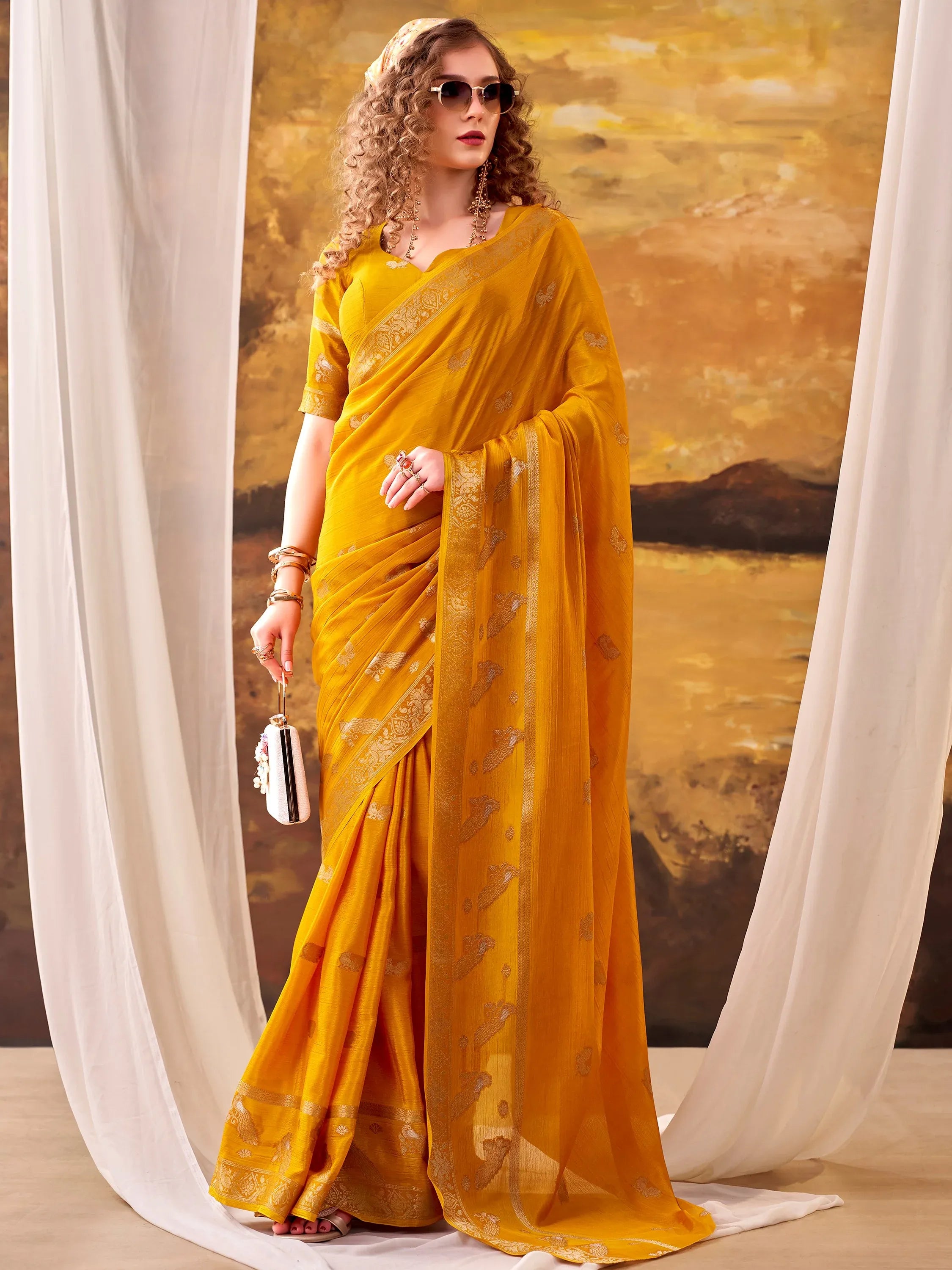 Rich Mustard Yellow Zari Weaving Crepe Haldi Wear Saree With Blouse