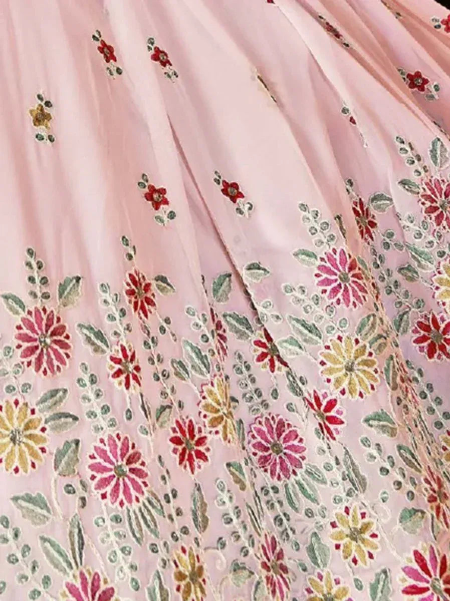 Pink lehenga with floral embroidery, perfect for Indian ethnic wear and festive occasions