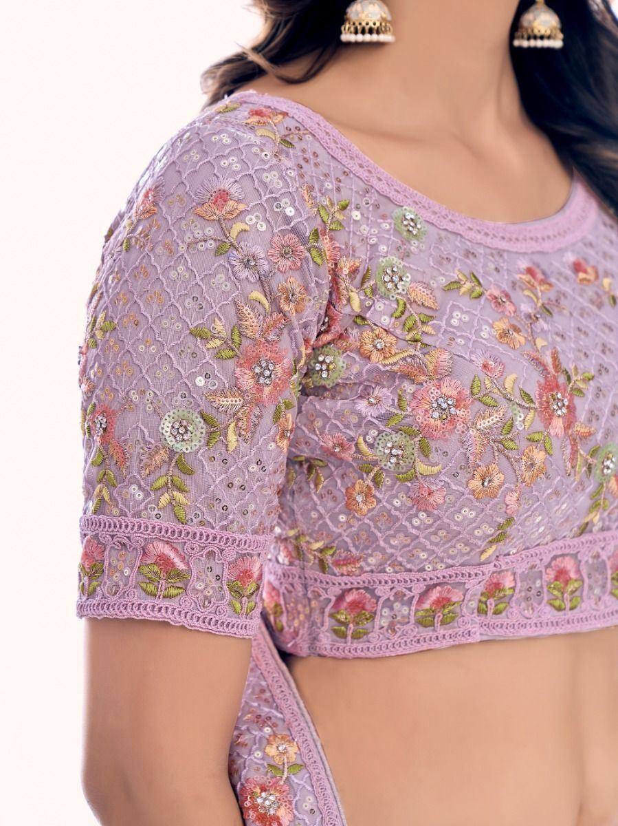 Lavender floral embroidered lehenga choli top with sequins and lace detailing