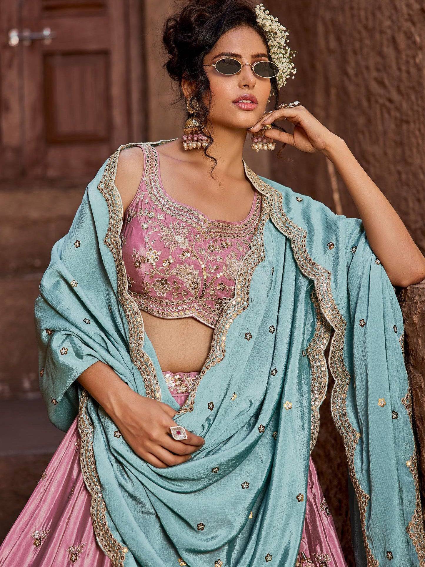Noteworthy Pastel Pink Sequins Silk Wedding Wear Lehenga Choli