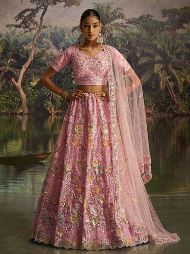 Graceful Pink Floral Embroidered Designer Lehenga Choli With Dupatta