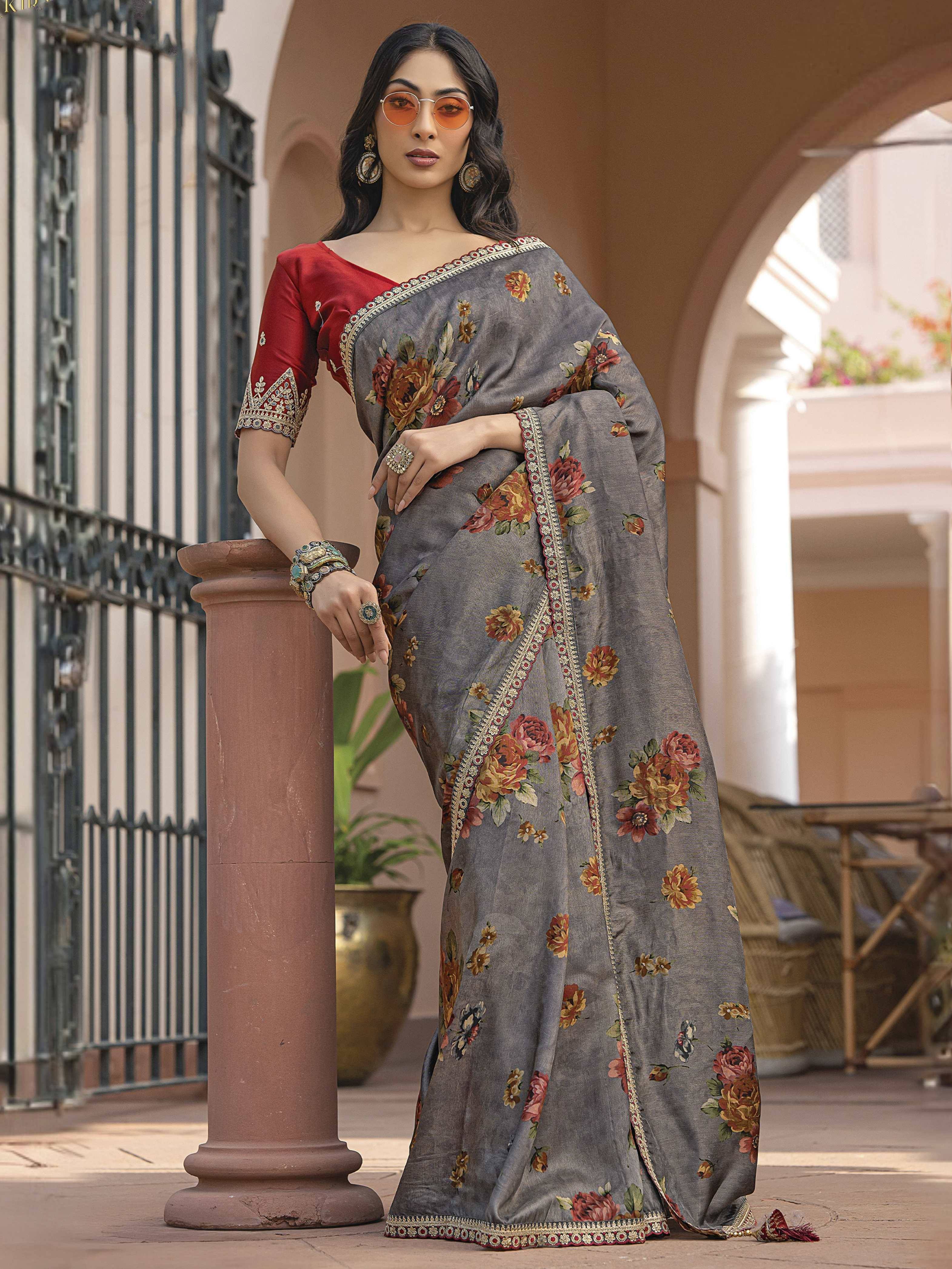 Grey floral saree with red blouse, ethnic wear for women, designer Indian saree with embroidery