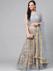 Grey & Golden Semi-Stitched Embellished Myntra Lehenga & Unstitched Blouse with Dupatta