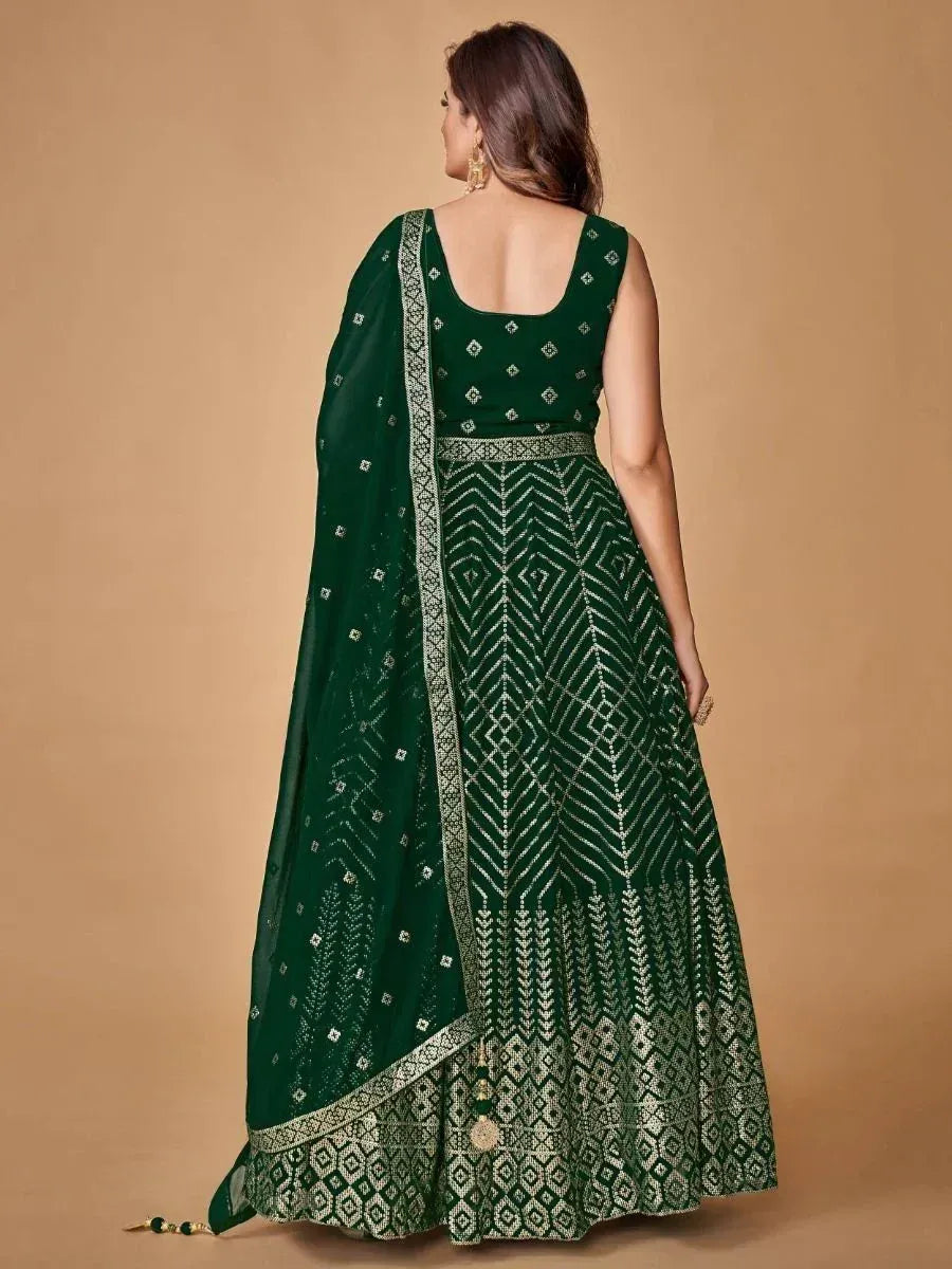 Emerald green designer lehenga choli with geometric embroidery, perfect for Indian ethnic wear occasions