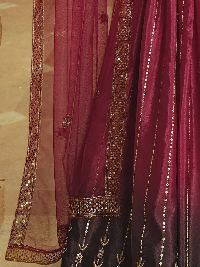 Maroon ethnic lehenga with gold sequin embroidery and sheer dupatta detailing