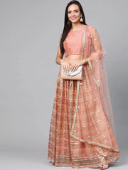 Peach-Coloured & Golden Semi-Stitched Myntra Lehenga & Unstitched Blouse with Dupatta