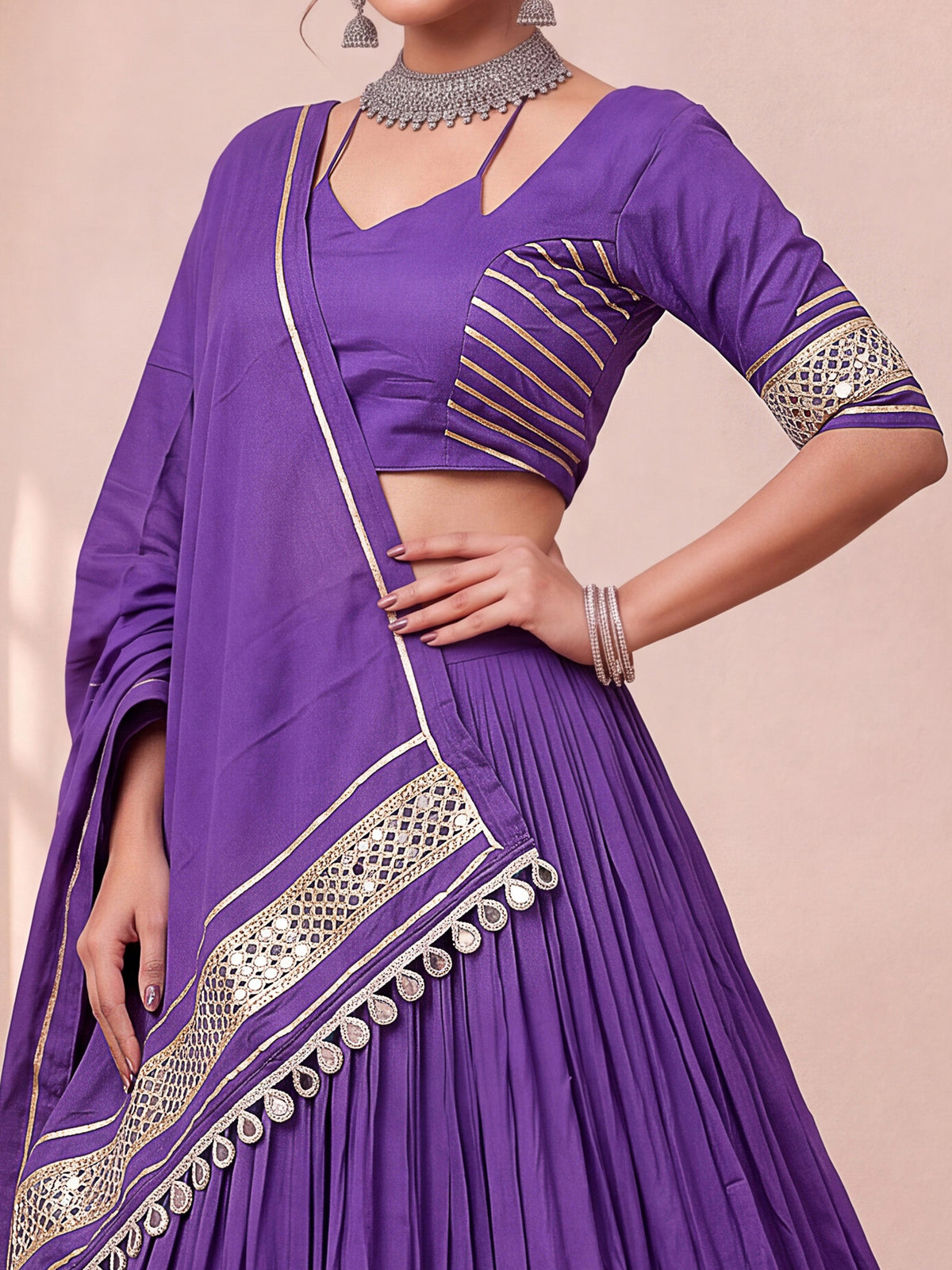 Wondrous Purple Mirror Laced Cotton Navratri Lehenga Choli With Dupatta