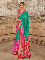 Awesome Green Cotton Patola Printed Traditional Saree With Blouse