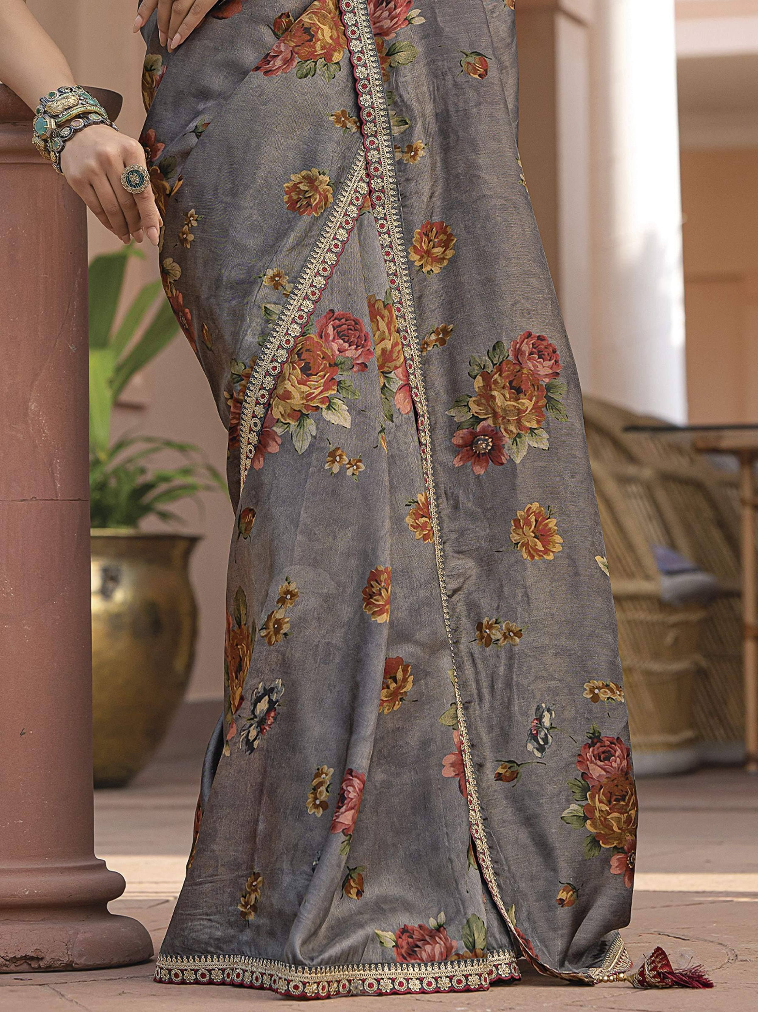 Grey floral saree with gold border, ethnic Indian wear for women