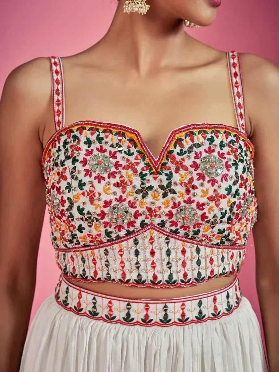 Colorful embroidered ethnic crop top with floral mirror work, perfect for lehenga choli or saree styling