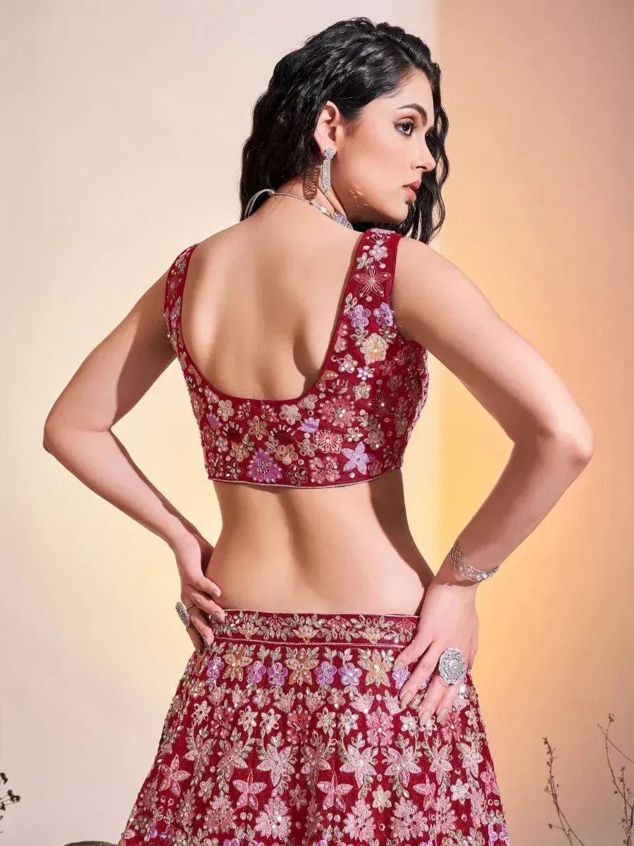 Red floral embroidered lehenga choli with backless blouse, Indian ethnic wear